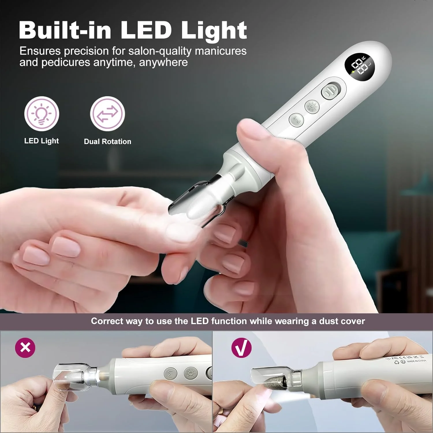 سوهان برقی پدیکور حرفه ای پا، اسکرابر بی سیم 15 سرعته پا با نمایشگر LED، ابزار پدیکور 6000 دور در دقیقه برای پاها، چراغ LED، کیت سوهان ناخن 8 در 1 برای پوست مرده و ناخن های ضخیم، مناسب برای استفاده در منزل و سالن