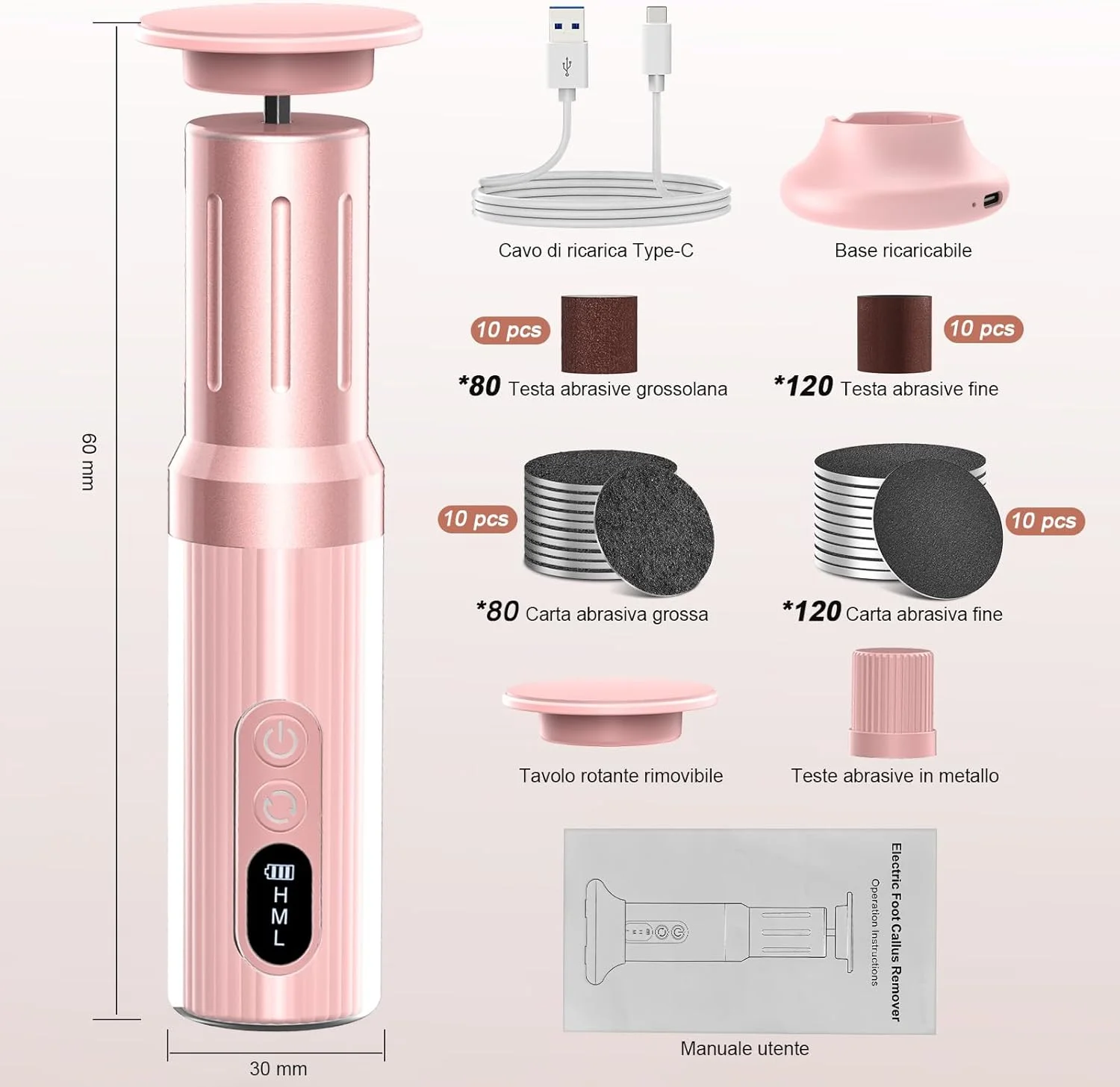 سوهان برقی پینه Robofun 2025 با نمایشگر LED، ست حرفه ای 2 در 1 شامل سوهان پا و پولیش ناخن، 6 سرعت، ست مراقبت از پا برای پوست های مرده و سخت - صورتی