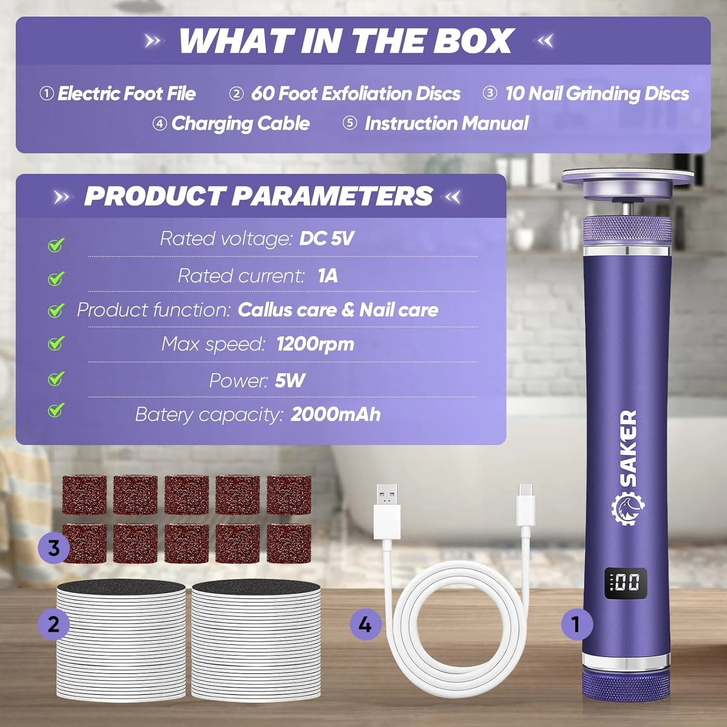سوهان برقی پدیکور پا Saker، ابزار سنگ پا و سوهان ناخن شارژی با 60+10 عدد سمباده، ابزار پدیکور سمباده ای پا با سرعت قابل تنظیم برای از بین بردن پینه، پوست خشک و ترک خورده آقایان و بانوان سوهان برقی پدیکور پا Saker، ابزار سنگ پا و سوهان ناخن شارژی با 60+10 عدد سمباده، ابزار پدیکور سمباده ای پا با سرعت قابل تنظیم برای از بین بردن پینه، پوست خشک و ترک خورده آقایان و بانوان