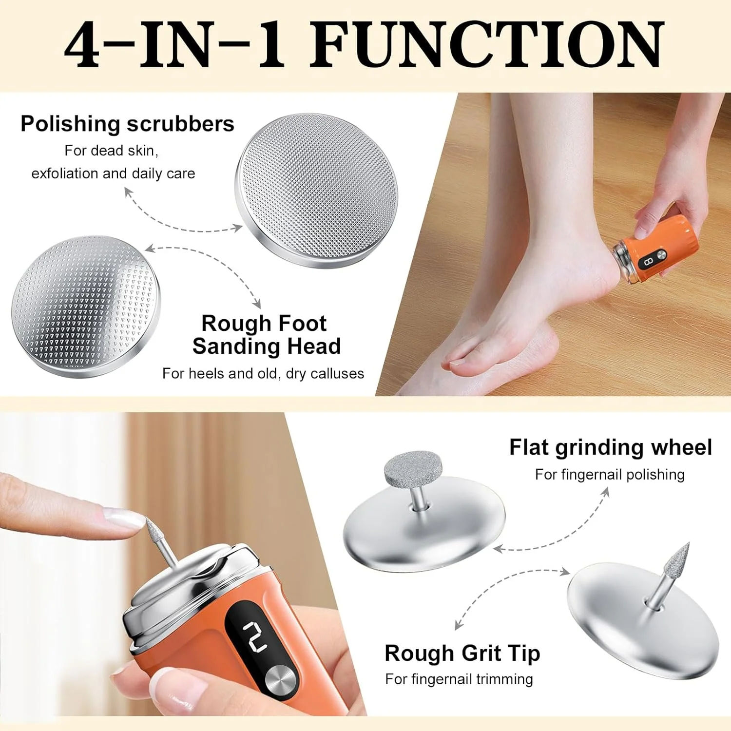 سوهان برقی قابل حمل پا و دریل ناخن SIYDYRIT - کیت پدیکور برقی شارژی 4 در 1 با سری های قابل تعویض دریل ناخن، آسیاب پا و ناخن با 3 سرعت قابل تنظیم، مشکی