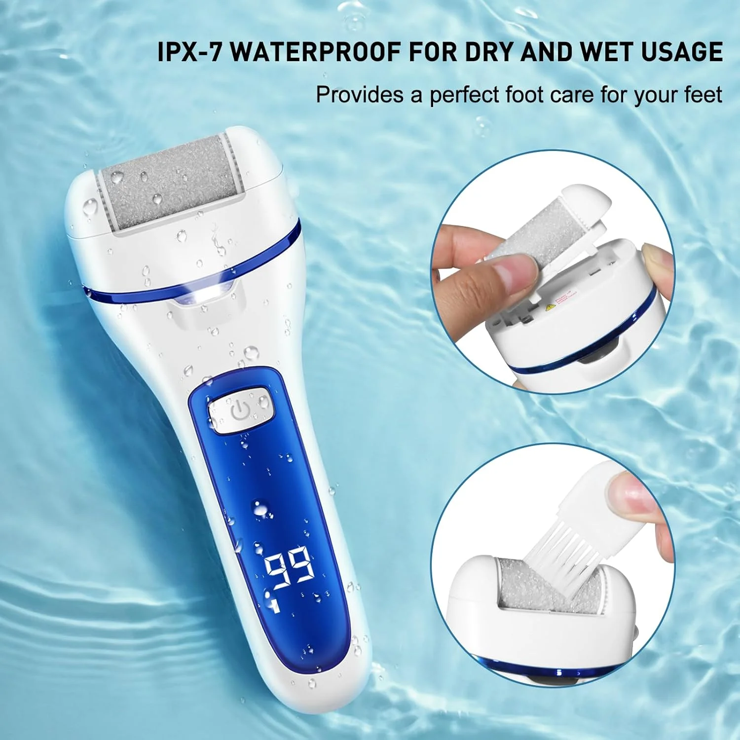 سوهان برقی پینه SOARFLY، سوهان برقی پینه پا با 3 غلتک تعویضی و 2 سرعت، دستگاه ضد آب IPX7 حذف پینه پا، قابل شارژ برای مراقبت از پا و دست، آبی