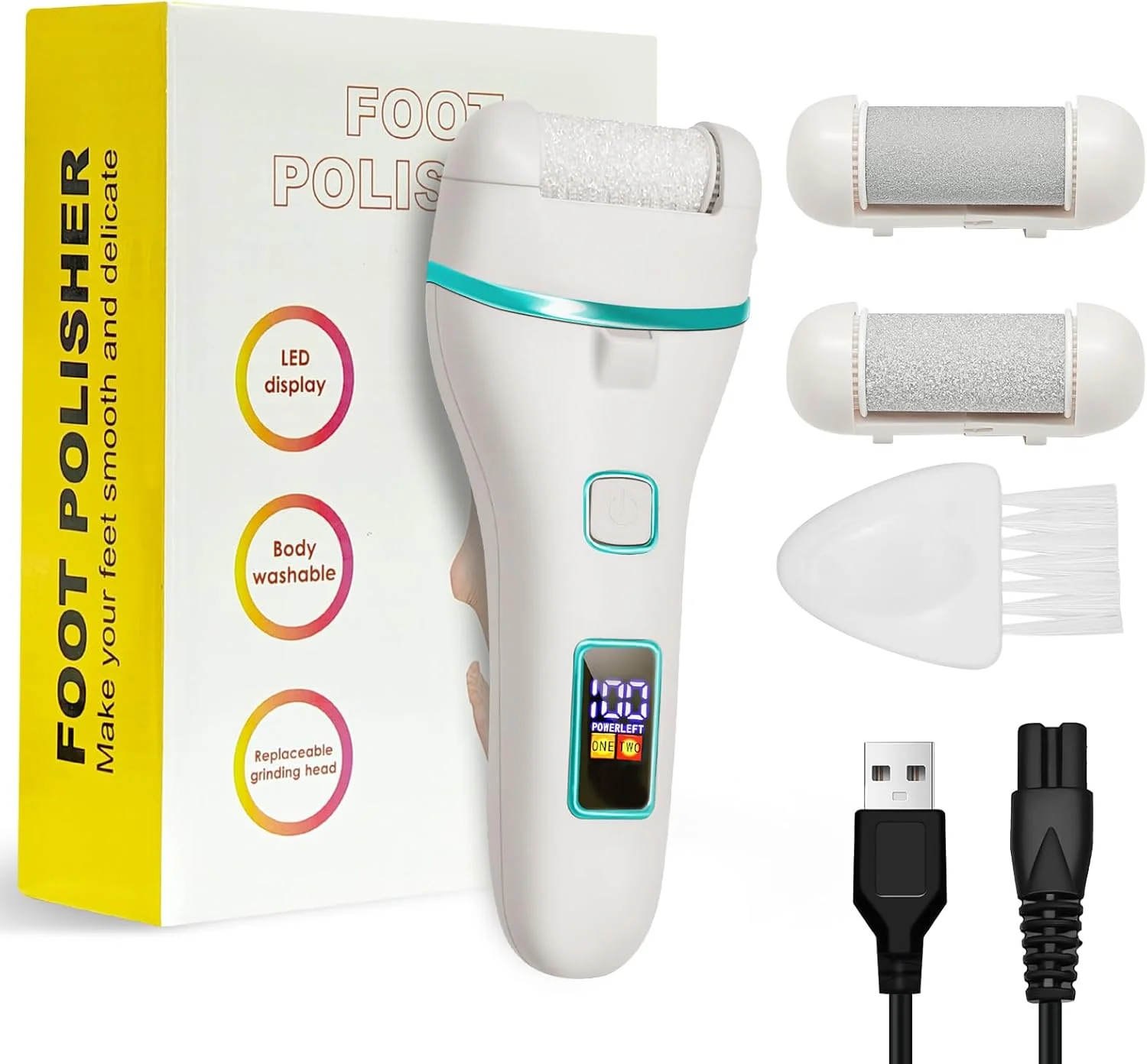 سوهان برقی پینه یسیمولا، دستگاه برقی از بین بردن پینه پا با 3 غلتک تعویضی، چراغ LED و نشانگر، 2 سرعت، مجموعه مراقبت از پا قابل شارژ برای از بین بردن پینه