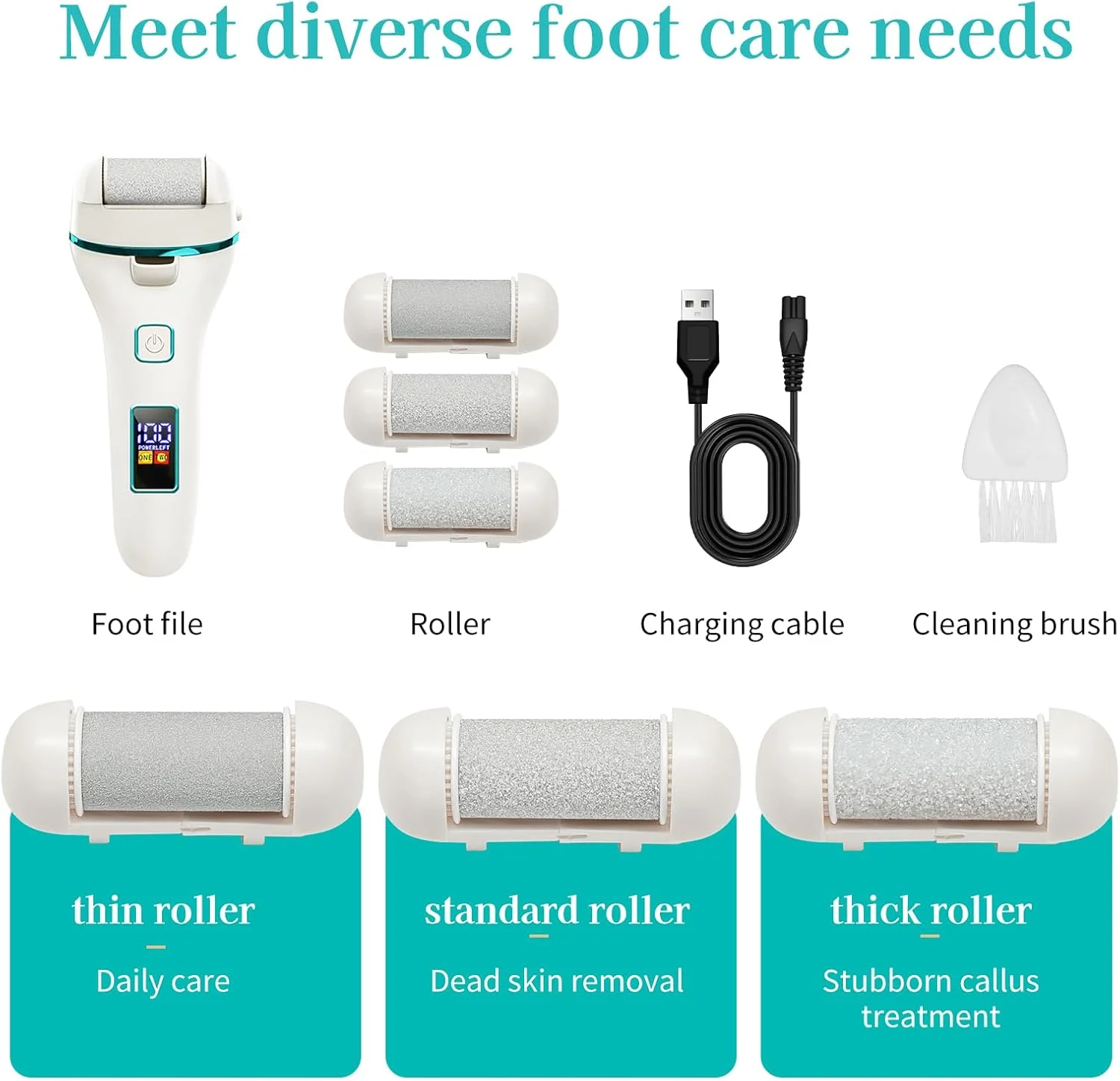 سوهان برقی پینه یسیمولا، دستگاه برقی از بین بردن پینه پا با 3 غلتک تعویضی، چراغ LED و نشانگر، 2 سرعت، مجموعه مراقبت از پا قابل شارژ برای از بین بردن پینه