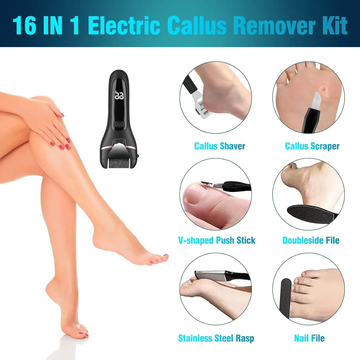 سوهان برقی پدیکور یوییکی برای از بین بردن پینه پا، اسکرابر برقی پا برای از بین بردن پوست مرده، ست پدیکور 16 در 1 برای پوست مرده و پاشنه ترک خورده یا دست های زبر با 3 سری غلتکی 2 سرعته (مشکی)