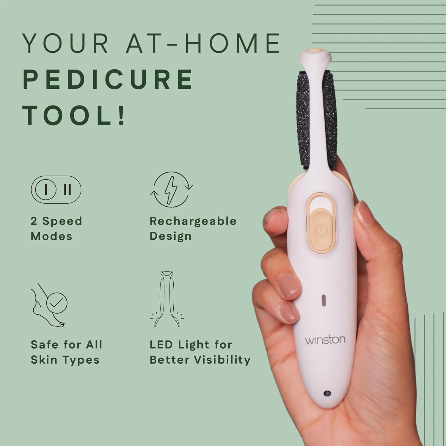 دستگاه الکتریکی از بین برنده پینه وینستون، بی سیم، قابل شارژ، دستگاه پدیکور حذف پوست مرده با سرهای غلتکی ظریف و زبر، اسکرابر پا با سرعت قابل تنظیم