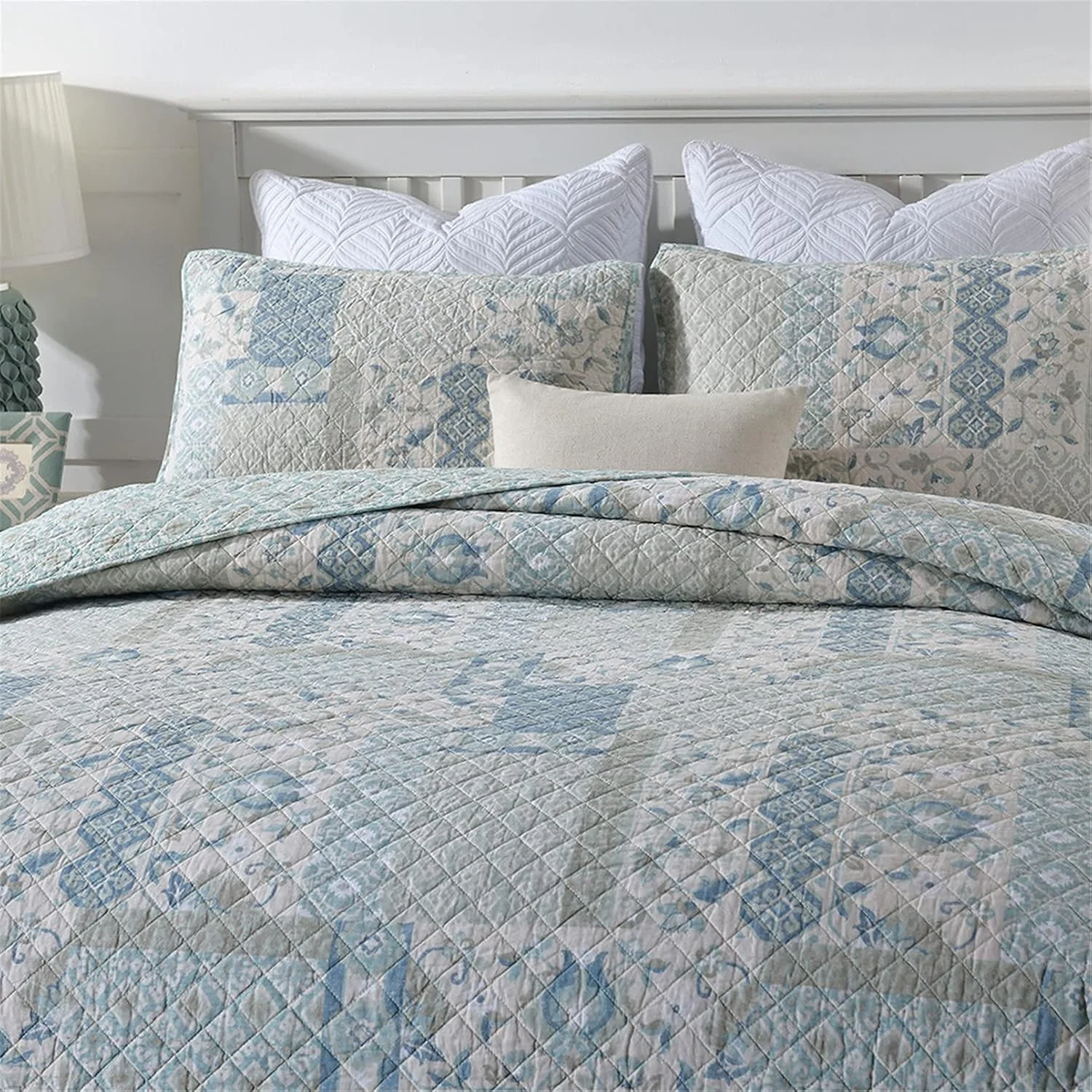 ست روتختی پنبه ای تکه دوزی سه تکه - کینگ با 2 روبالشی پنبه ای دو رو آبی طرح روستایی لحاف دوزی شده سبک وزن 90x98 اینچ