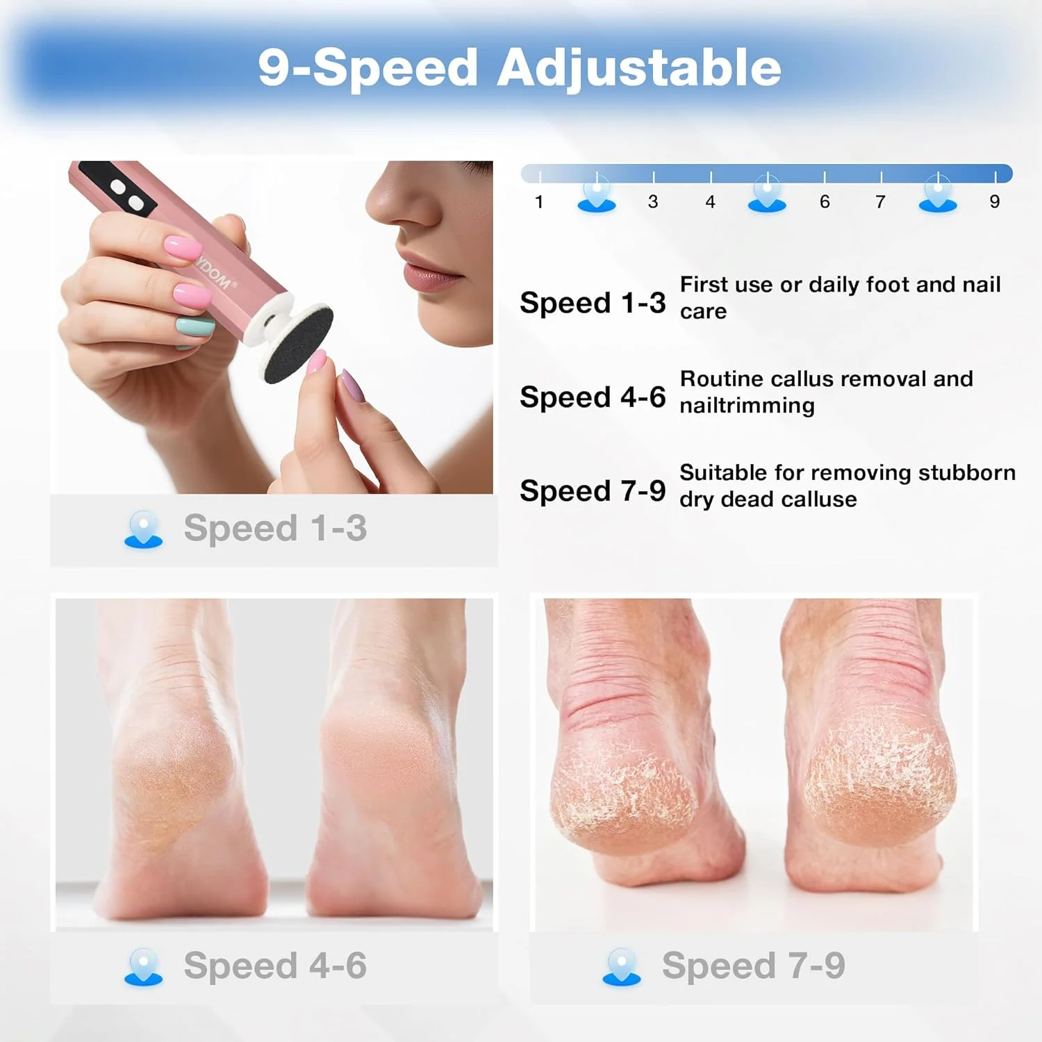 سوهان برقی پدیکور والی دام - 9 سرعت قابل تنظیم، سوهان برقی 2 در 1 پا با دیسک سمباده ای، ابزار پدیکور قابل شارژ برای از بین بردن پوست سخت پا، سوهان پدیکور قابل حمل (رزگلد)