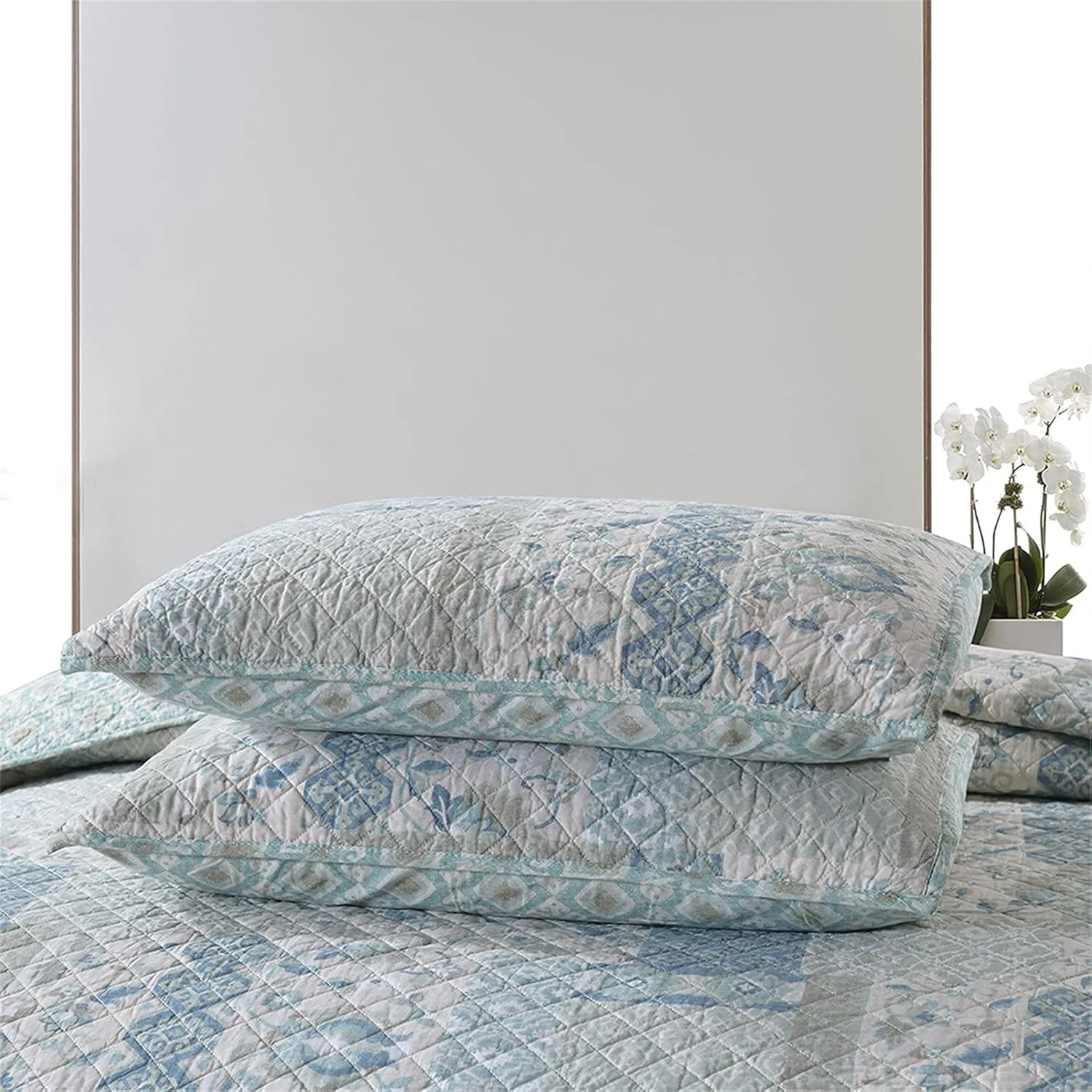 ست روتختی پنبه ای تکه دوزی سه تکه - کینگ با 2 روبالشی پنبه ای دو رو آبی طرح روستایی لحاف دوزی شده سبک وزن 90x98 اینچ