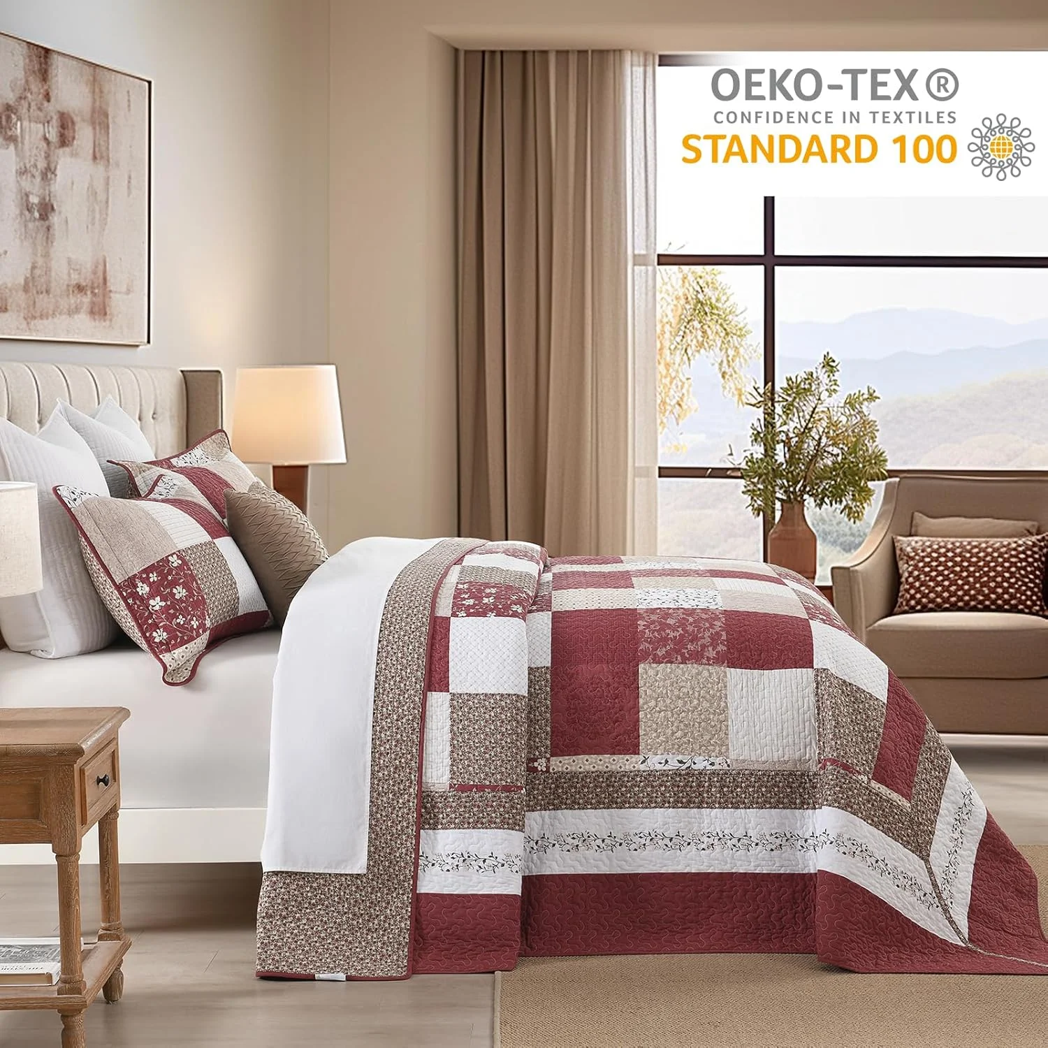 رو تختی بزرگ پنبه ای 100% مناسب تخت کوئین سایز 259x305 سانتی متر - لحاف سبک وزن به سبک فرانسوی وینتیج کانتری - ست رو تختی سه تکه - طرح برگشت پذیر چهارخانه گلدار هندسی به رنگ بورگاندی/بژ/طوسی/سفید