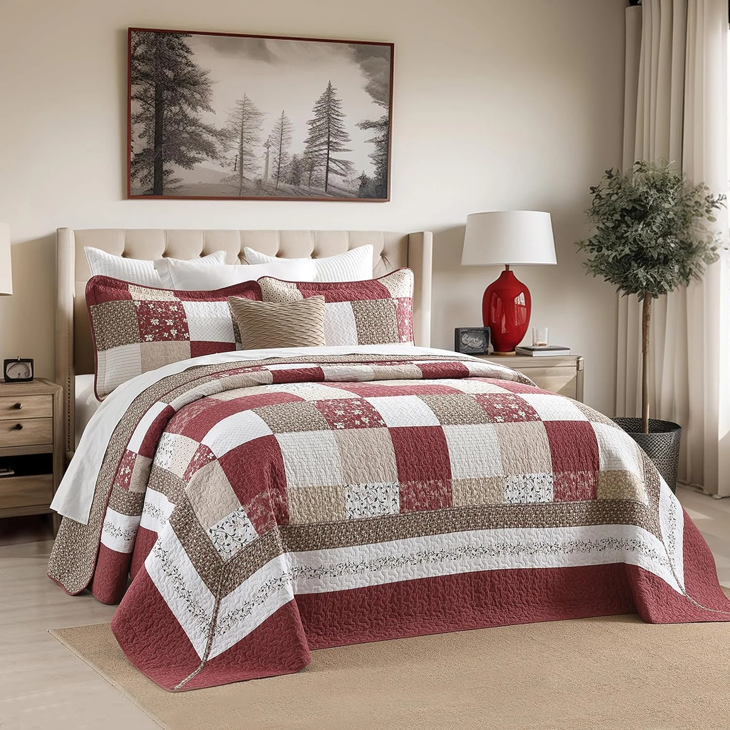 رو تختی بزرگ پنبه ای 100% مناسب تخت کوئین سایز 259x305 سانتی متر - لحاف سبک وزن به سبک فرانسوی وینتیج کانتری - ست رو تختی سه تکه - طرح برگشت پذیر چهارخانه گلدار هندسی به رنگ بورگاندی/بژ/طوسی/سفید