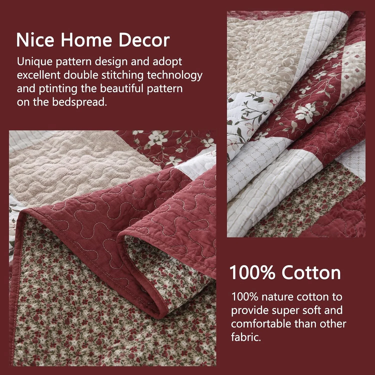 رو تختی بزرگ پنبه ای 100% مناسب تخت کوئین سایز 259x305 سانتی متر - لحاف سبک وزن به سبک فرانسوی وینتیج کانتری - ست رو تختی سه تکه - طرح برگشت پذیر چهارخانه گلدار هندسی به رنگ بورگاندی/بژ/طوسی/سفید
