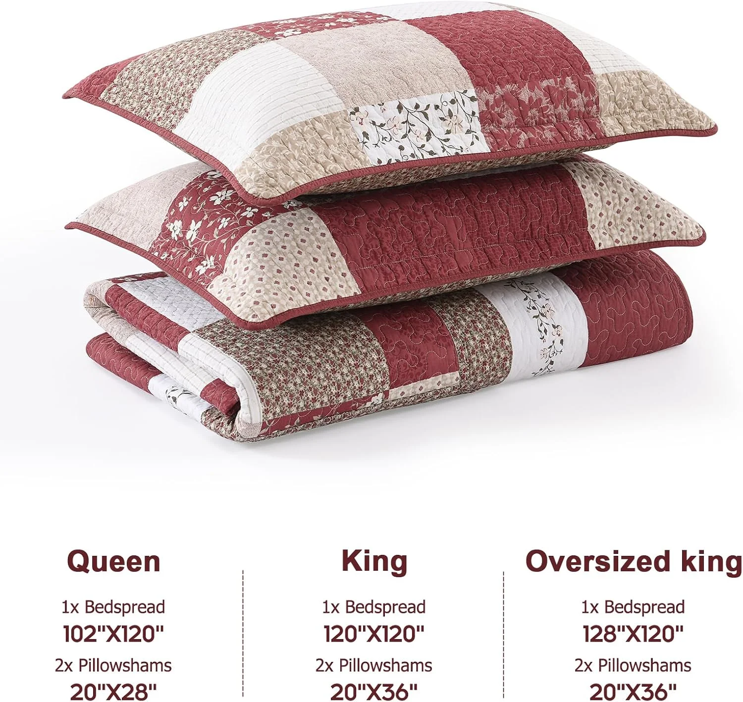 رو تختی بزرگ پنبه ای 100% مناسب تخت کوئین سایز 259x305 سانتی متر - لحاف سبک وزن به سبک فرانسوی وینتیج کانتری - ست رو تختی سه تکه - طرح برگشت پذیر چهارخانه گلدار هندسی به رنگ بورگاندی/بژ/طوسی/سفید