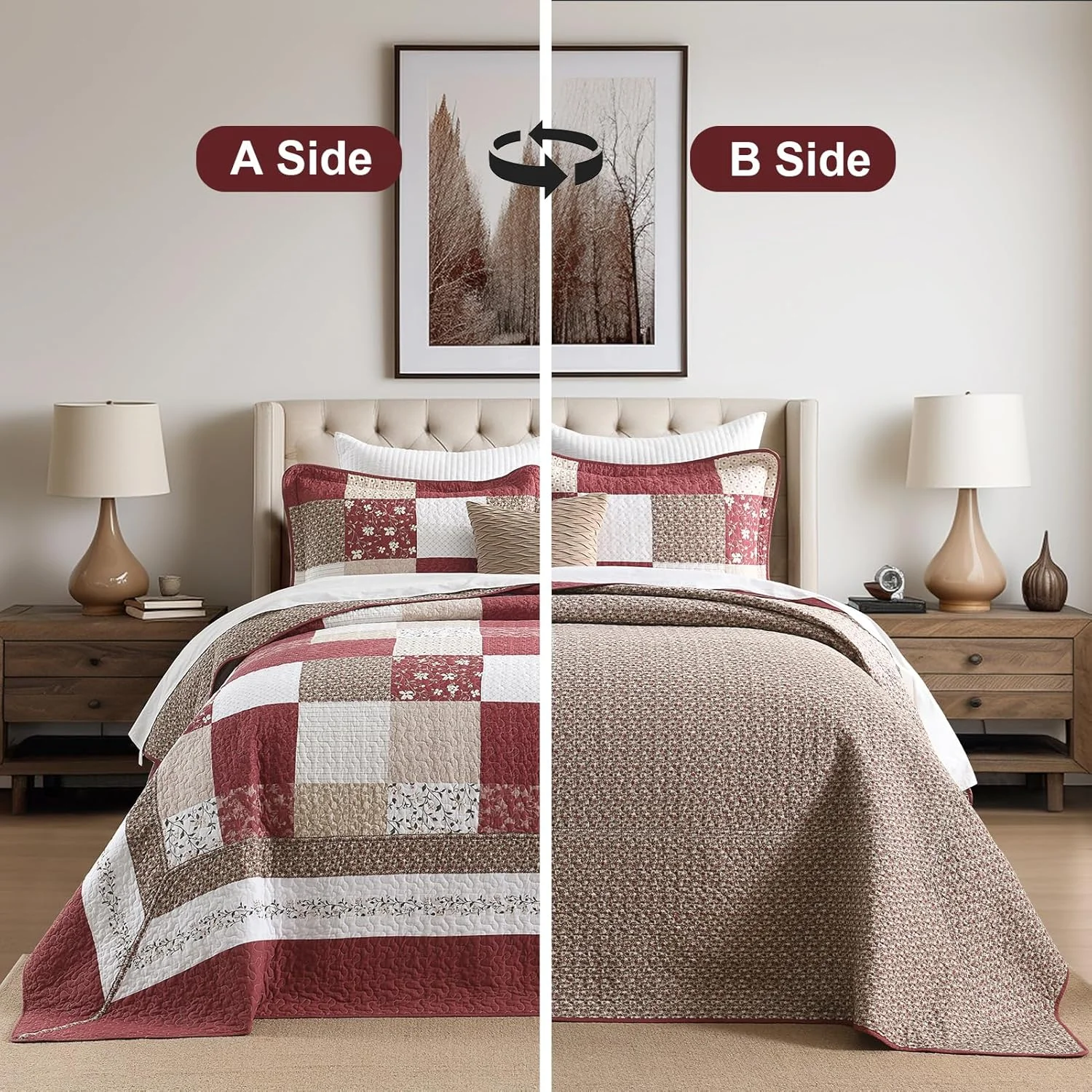 رو تختی بزرگ پنبه ای 100% مناسب تخت کوئین سایز 259x305 سانتی متر - لحاف سبک وزن به سبک فرانسوی وینتیج کانتری - ست رو تختی سه تکه - طرح برگشت پذیر چهارخانه گلدار هندسی به رنگ بورگاندی/بژ/طوسی/سفید