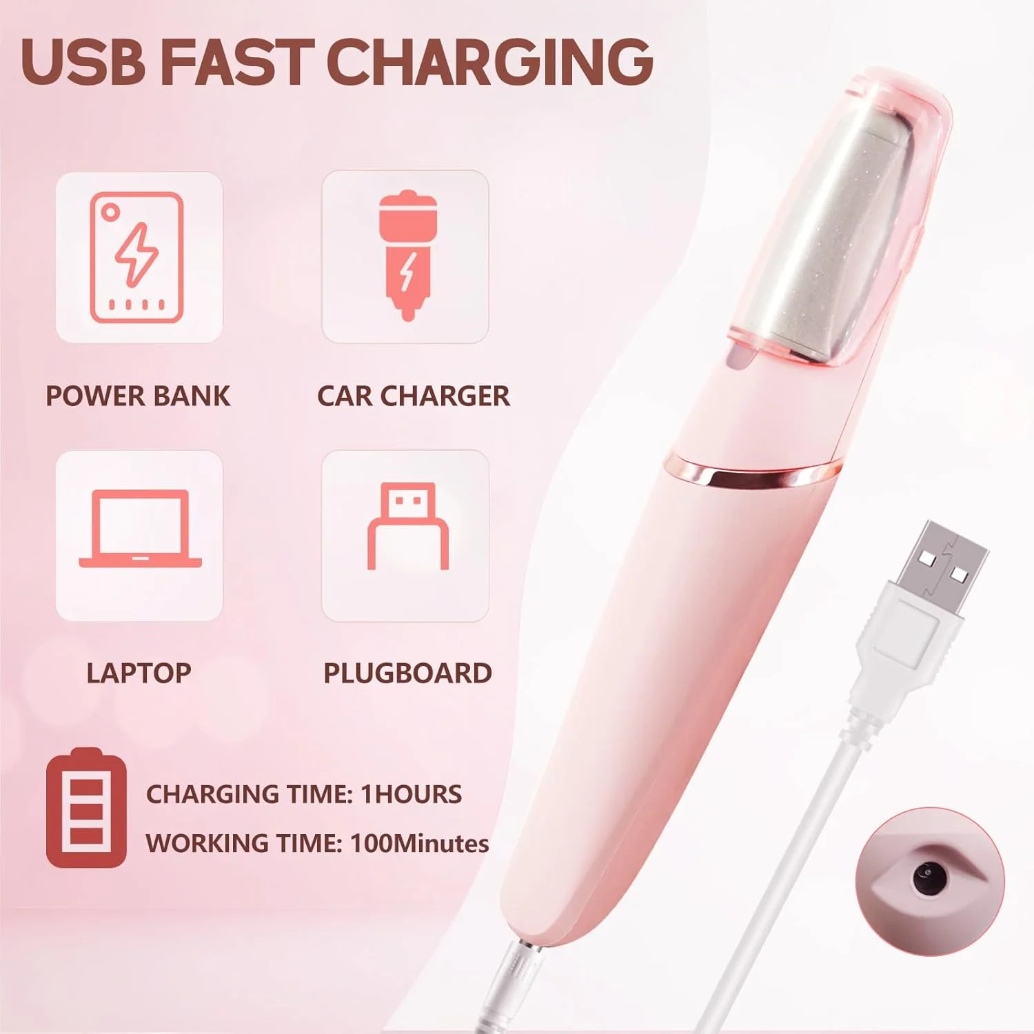 دستگاه سوهان پدیکور برقی زابول، ابزار پدیکور شارژی برای از بین بردن پینه پا، سوهان برقی پا، مراقبت از پا برای از بین بردن پوست خشک، سفت و مرده، هدیه ایده آل (صورتی)