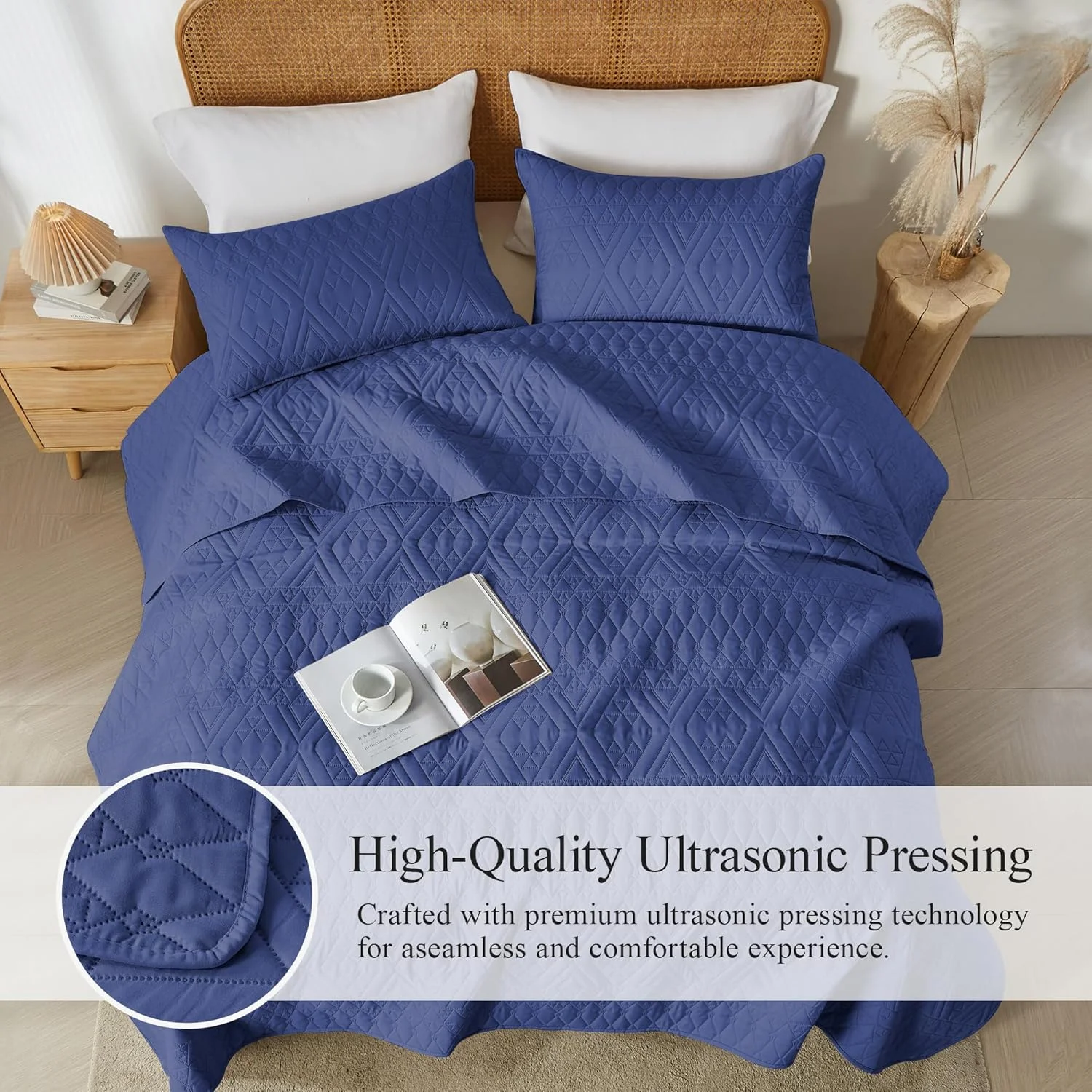 ست روتختی لحاف دار سایز کینگ/کال کینگ آکیالا، آبی سرمه ای، ملحفه میکروفایبر نرم و سبک، ست رو تختی طرح هندسی مدرن برای تمام فصول، 3 تکه (1 لحاف، 2 روبالشی)