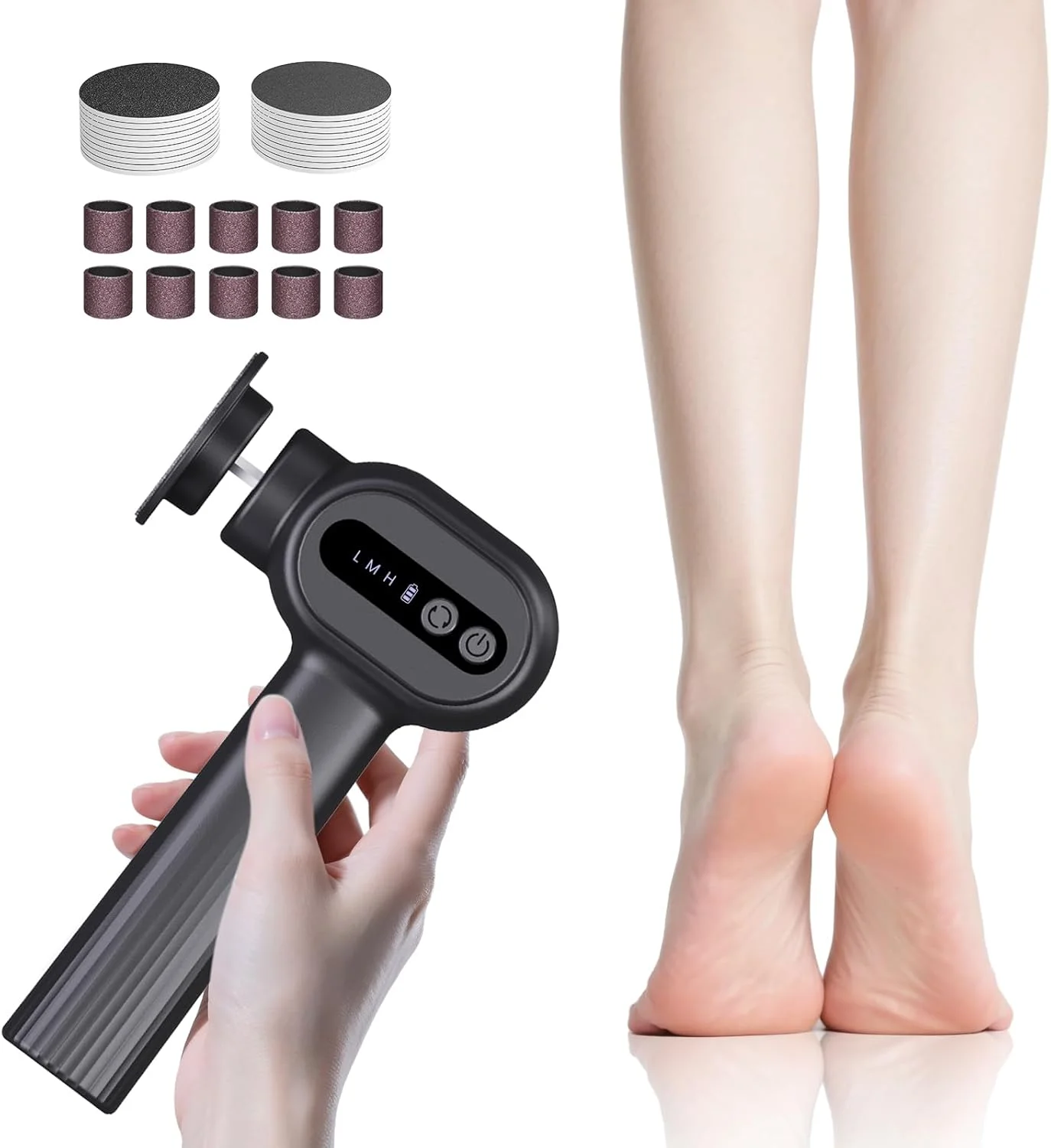 سوهان برقی پینه پا ارتقا یافته - ابزار حرفه ای سوهان برقی پا، سمباده برقی پا با سرعت قابل تنظیم برای پوست های مرده و پینه ها، به همراه 20 عدد دیسک سمباده (مشکی)