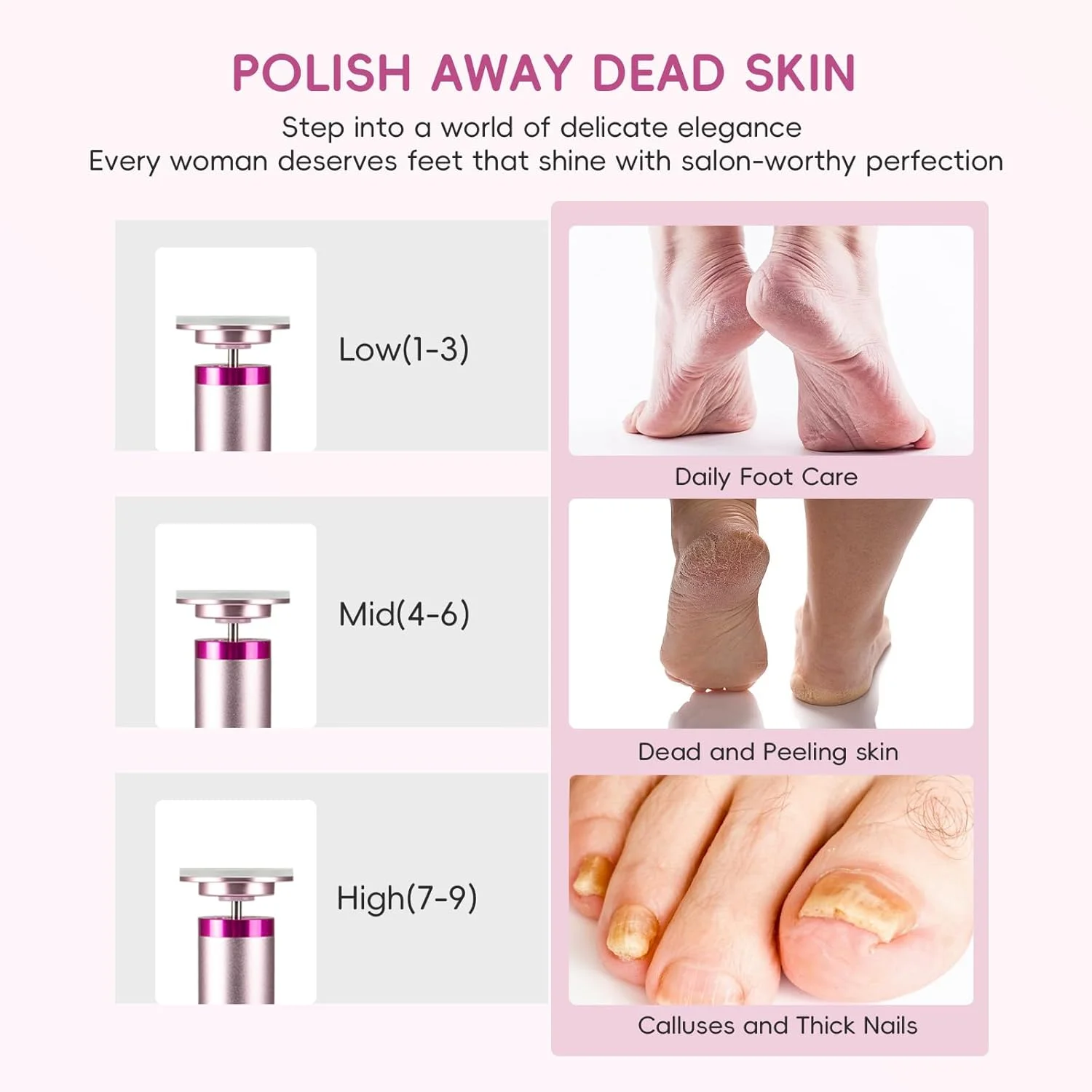 سوهان برقی پدیکور پا - سوهان برقی بی سیم پا با 9 تنظیم سرعت، شارژ Type-C، ابزار پدیکور برای پوست مرده - صورتی