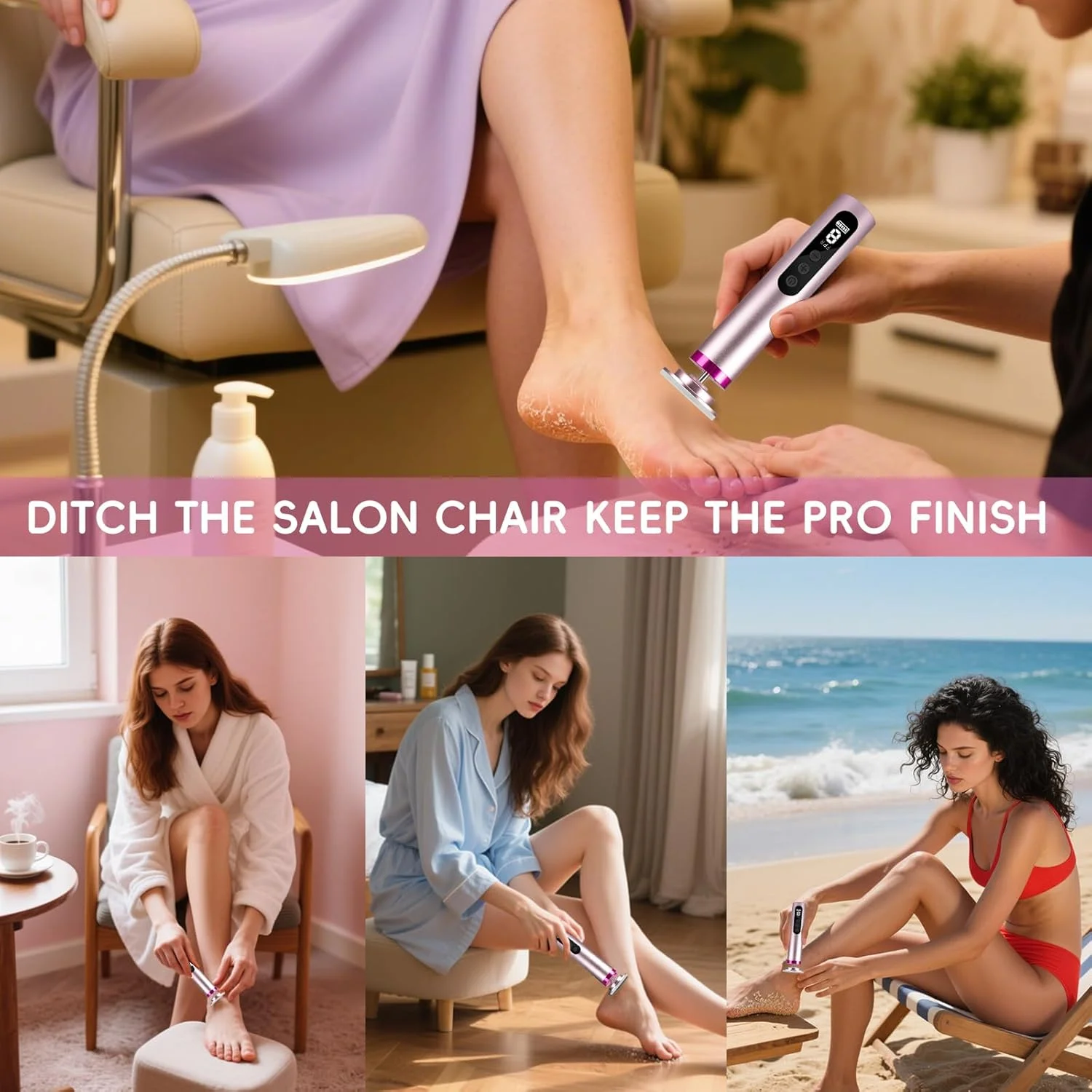 سوهان برقی پدیکور پا - سوهان برقی بی سیم پا با 9 تنظیم سرعت، شارژ Type-C، ابزار پدیکور برای پوست مرده - صورتی