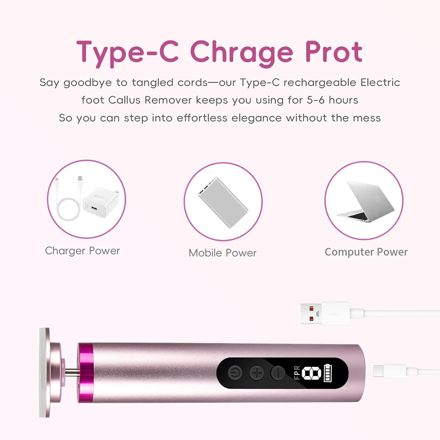 سوهان برقی پدیکور پا - سوهان برقی بی سیم پا با 9 تنظیم سرعت، شارژ Type-C، ابزار پدیکور برای پوست مرده - صورتی
