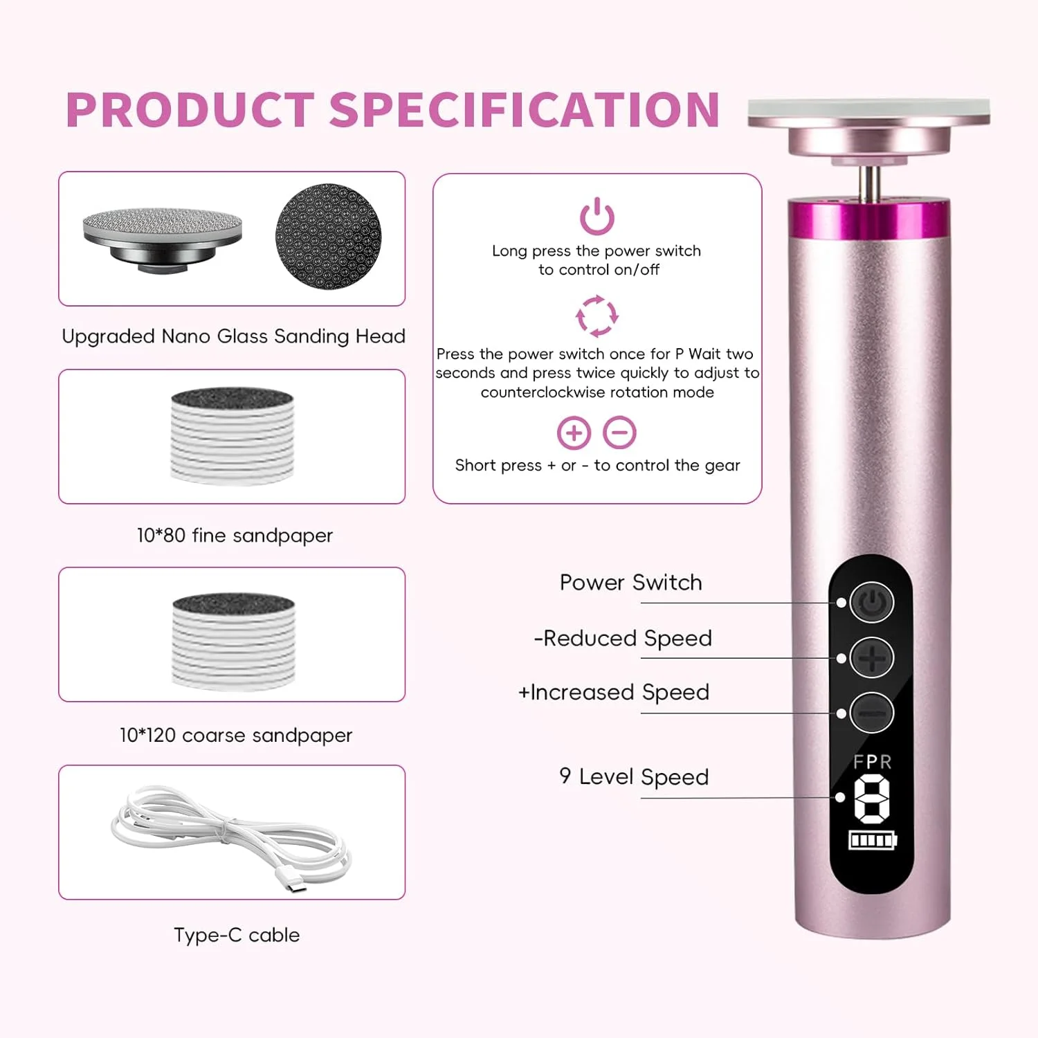 سوهان برقی پدیکور پا - سوهان برقی بی سیم پا با 9 تنظیم سرعت، شارژ Type-C، ابزار پدیکور برای پوست مرده - صورتی