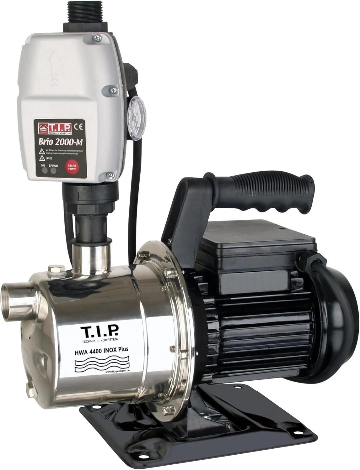 پمپ تقویت کننده خانگی اتوماتیک T.I.P. HWA 4400 INOX 31192 Plus، حداکثر نرخ جریان 4250 لیتر در ساعت، حداکثر ارتفاع پمپاژ 44 متر، حداکثر فشار 4.4 بار، توان 900 وات، بدنه استیل ضد زنگ، مقاوم در برابر آب و هوا، محافظت در برابر خشک کار کردن