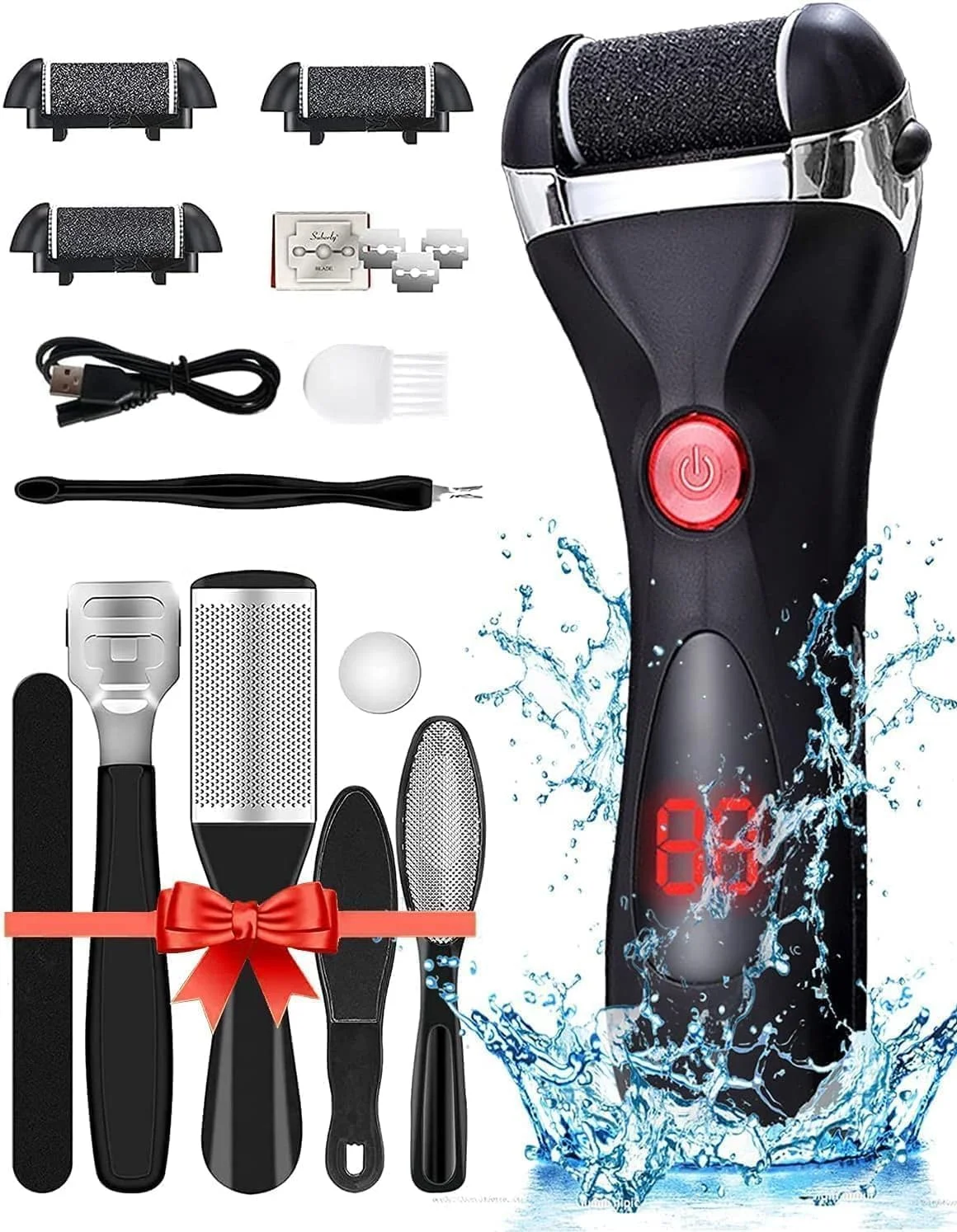 سوهان برقی پا SYOSI برای پوست سخت، قابل شارژ USB، ضد آب، از بین برنده پینه با 3 غلتک سنگ پا و ست اسکراپر پا 10 در 1، مراقبت از پا برای پاشنه ترک خورده خشک