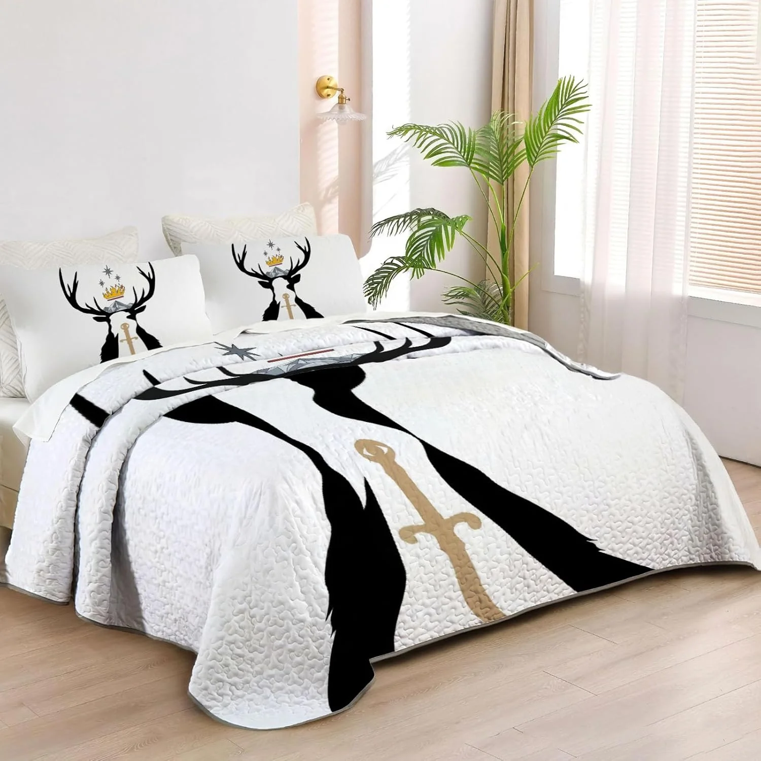 رو تختی کینگ سایز شیشه ای و فولادی Allenjoy طرح تاج سایه ها به همراه دو روبالشتی مدل SC00058-007، قابل شستشو