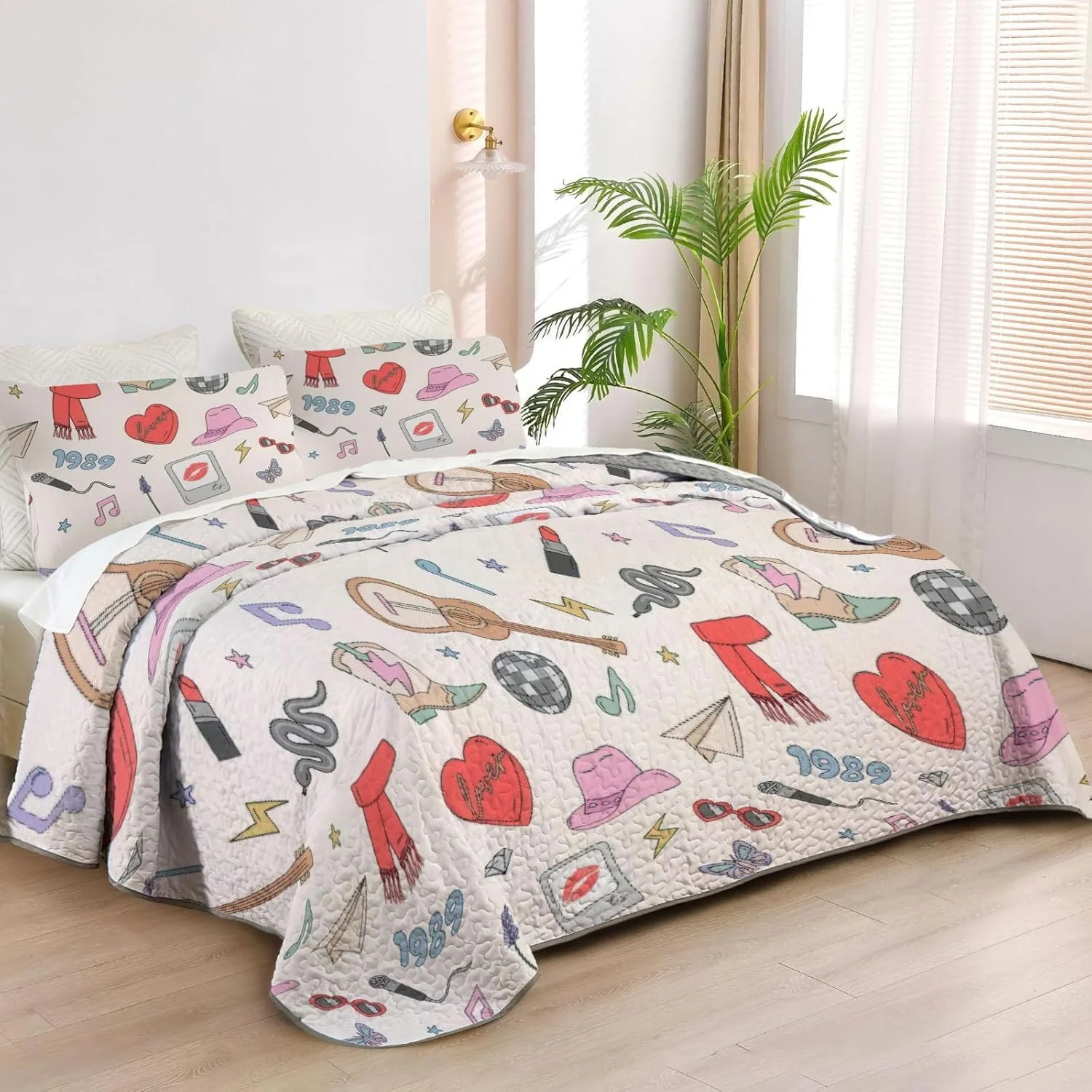 رو تختی طرح پاپ موزیک سایز کینگ آلنجوی، ست روتختی هنری، لحاف پارچه ای قابل شستشو با 2 روبالشی SC00009-007