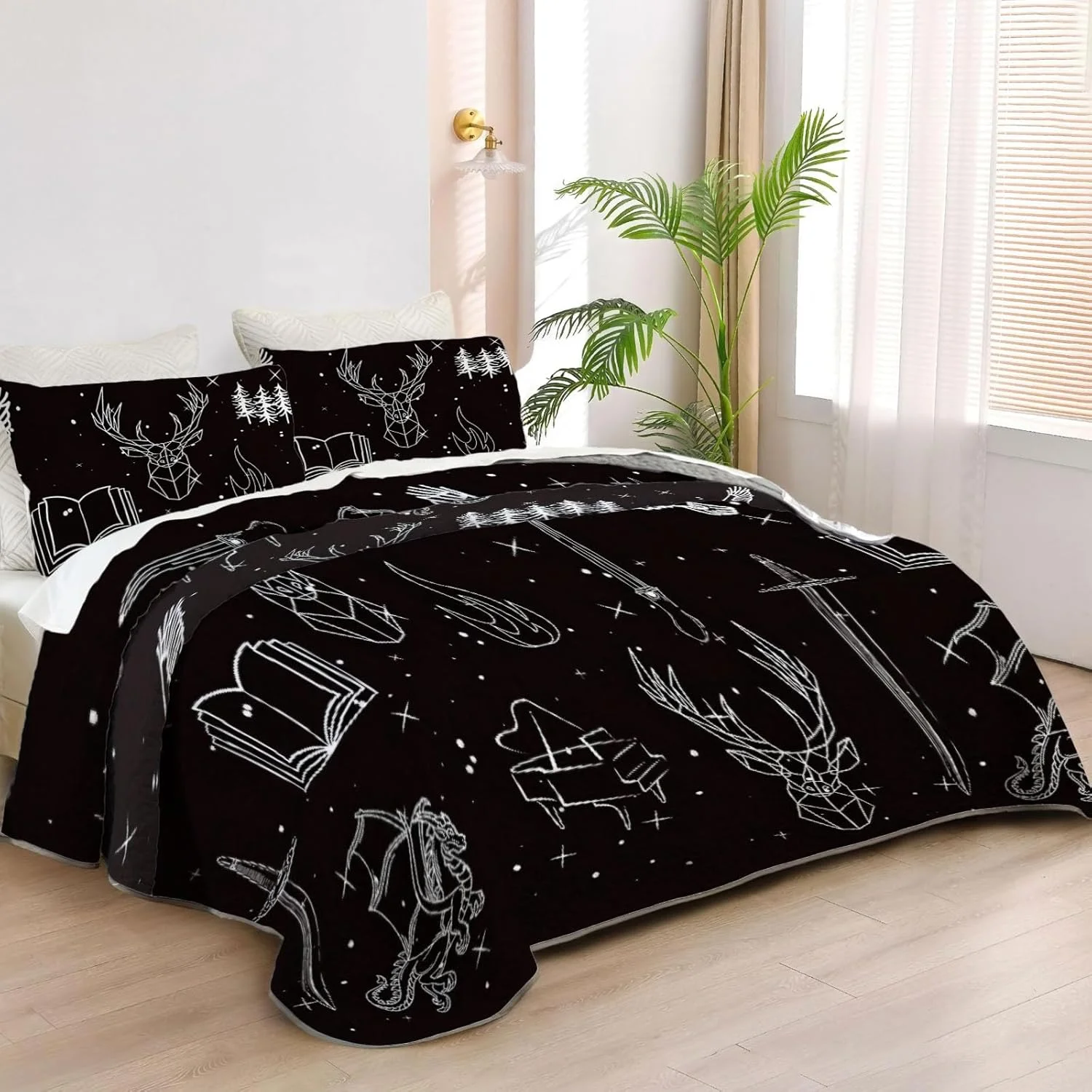 رو تختی دو نفره آلنجوی، لحاف شیشه ای و فولادی، تاج سایه ها، ست روتختی، پارچه لحاف قابل شستشو با 1 روبالشی SC00026-007