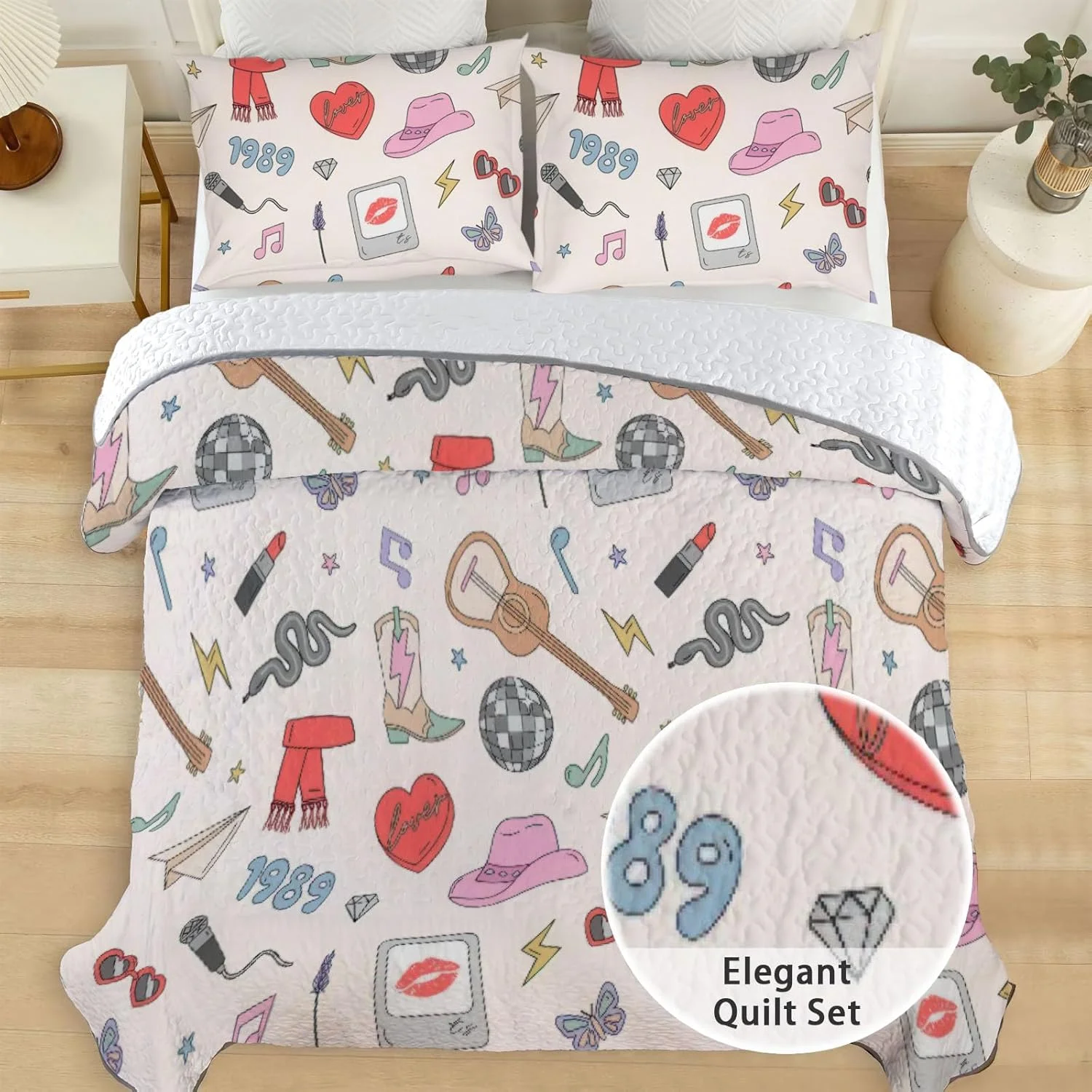 رو تختی طرح پاپ موزیک سایز کینگ آلنجوی، ست روتختی هنری، لحاف پارچه ای قابل شستشو با 2 روبالشی SC00009-007