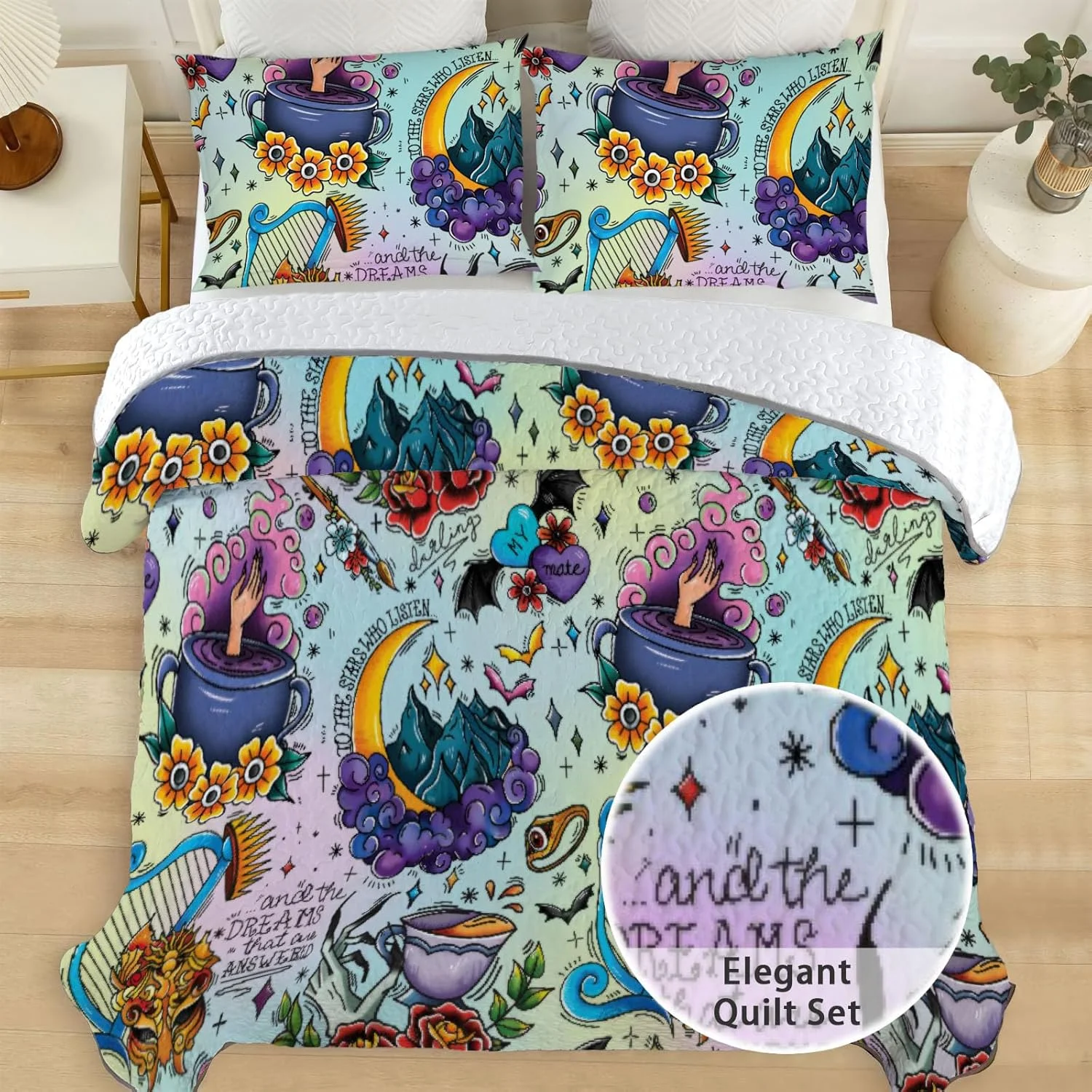 روتختی لحافی سایز کوئین Allenjoy طرح افسانه ای جنگ، ست روتختی جادویی و عاشقانه، روکش لحاف پارچه ای قابل شستشو با 2 روبالشتی SC00015-007