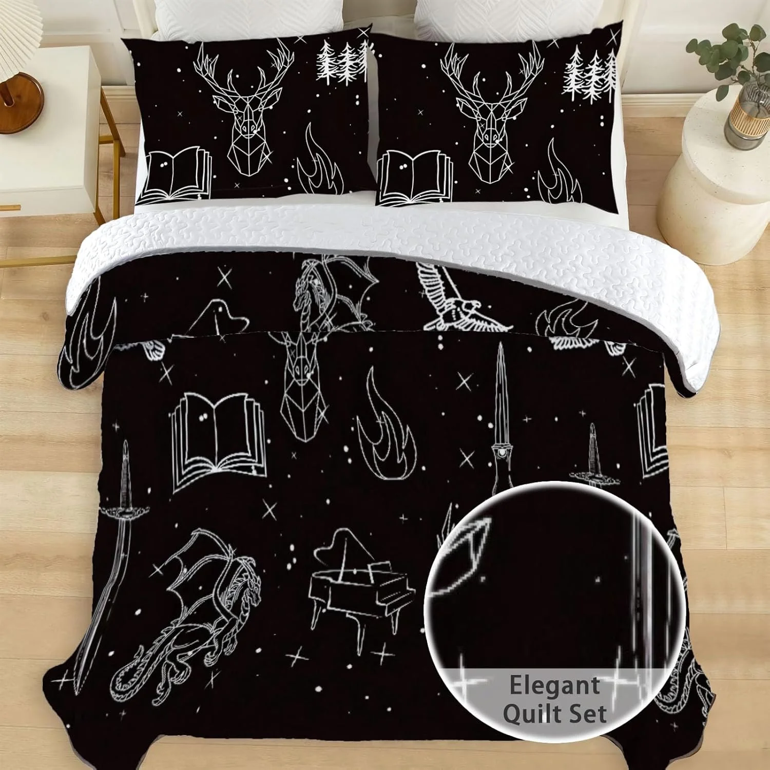 رو تختی دو نفره آلنجوی، لحاف شیشه ای و فولادی، تاج سایه ها، ست روتختی، پارچه لحاف قابل شستشو با 1 روبالشی SC00026-007