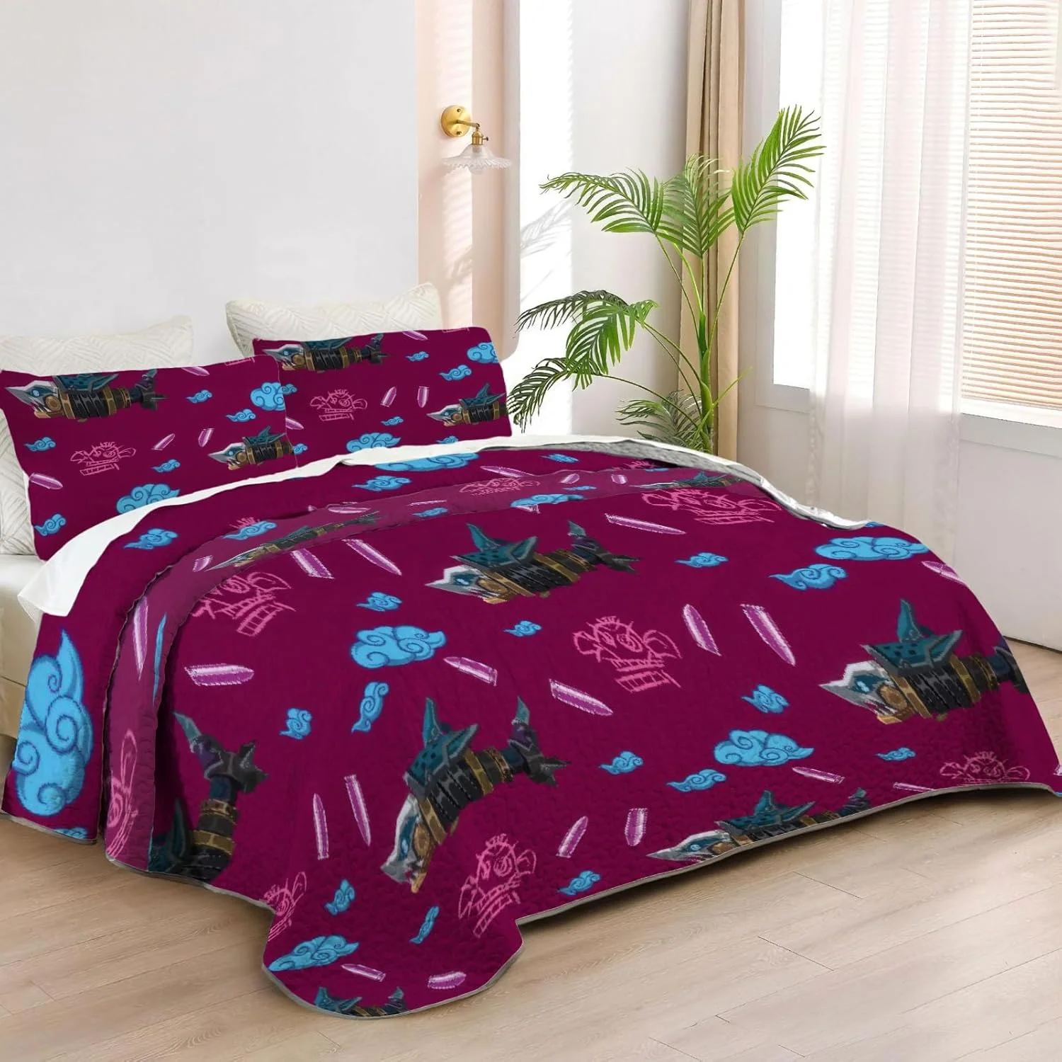 رو تختی سایز کینگ Allenjoy طرح شهر جادویی، ست روتختی انیمیشنی، لحاف پارچه ای قابل شستشو با 2 روبالشتی SC00012-007