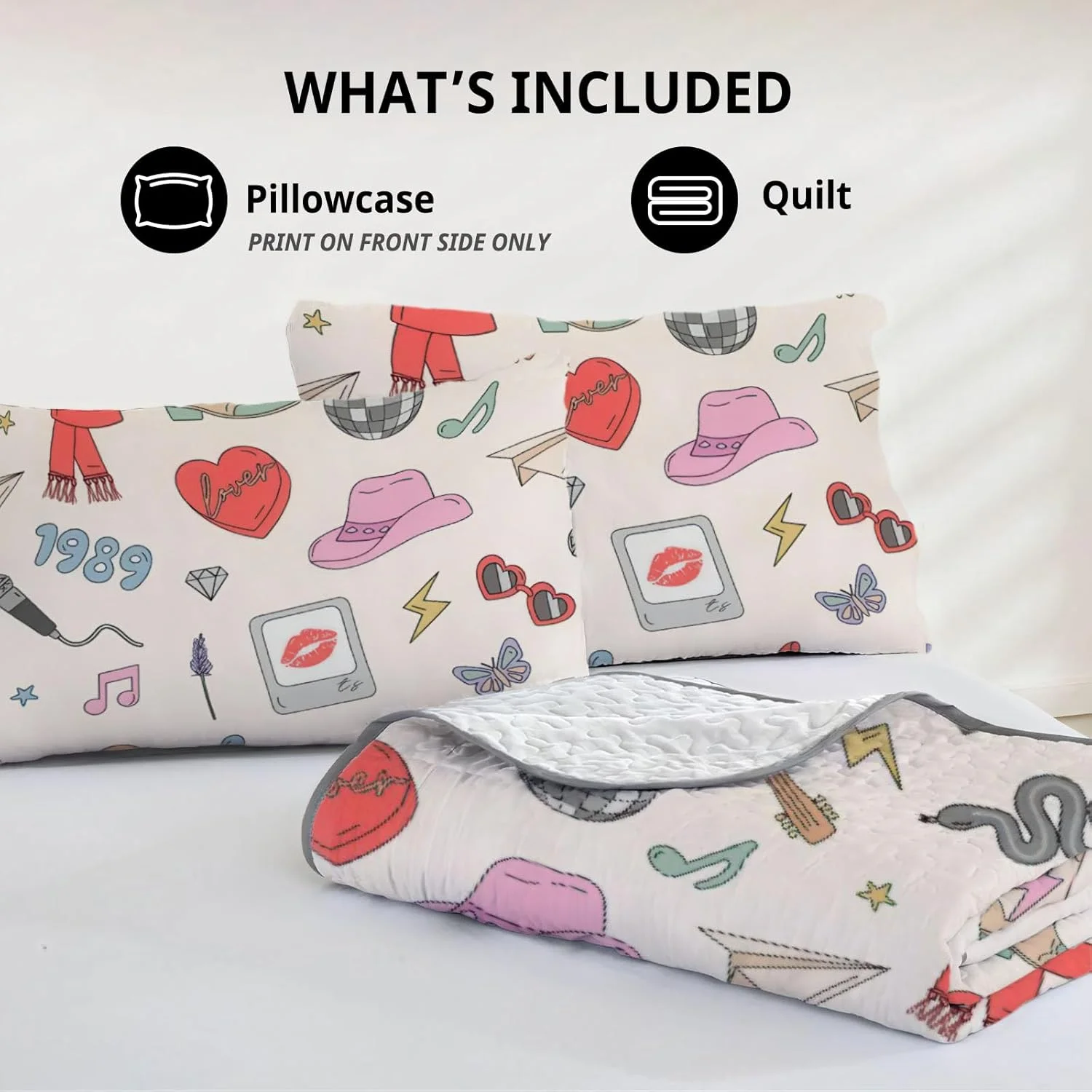 رو تختی طرح پاپ موزیک سایز کینگ آلنجوی، ست روتختی هنری، لحاف پارچه ای قابل شستشو با 2 روبالشی SC00009-007