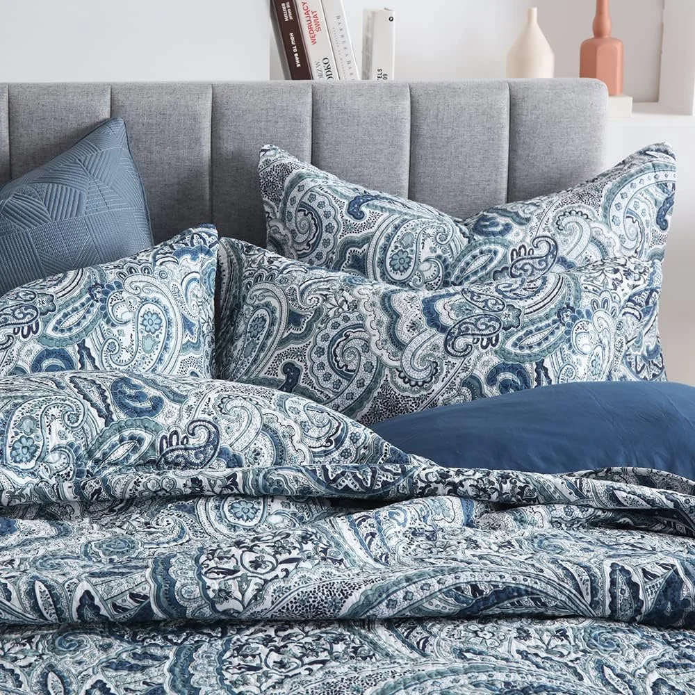 ست روتختی لحاف دار پنبه ای Autumn Dream، 3 تکه، ست رو تختی دو رو، طرح گلدار آبی، سایز کوئین