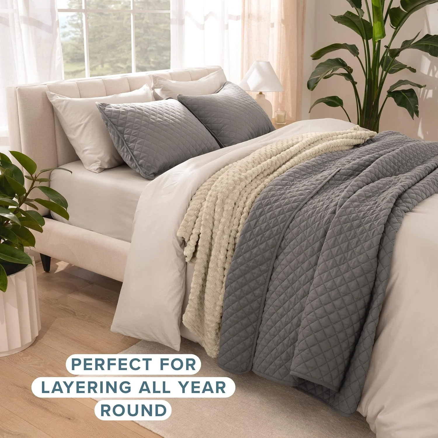 ست رو تختی دو تکه ممتاز Bare Home - سایز یک نفره/یک نفره بلند - طرح لوزی دوخته شده - فوق العاده نرم، لوکس، سبک وزن، مناسب تمام فصول (یک نفره/یک نفره بلند، خاکستری)