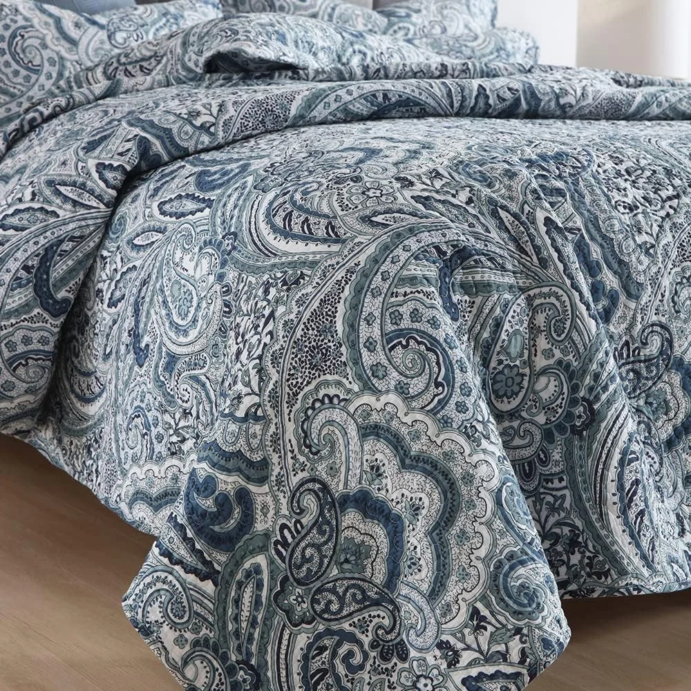 ست روتختی لحاف دار پنبه ای Autumn Dream، 3 تکه، ست رو تختی دو رو، طرح گلدار آبی، سایز کوئین