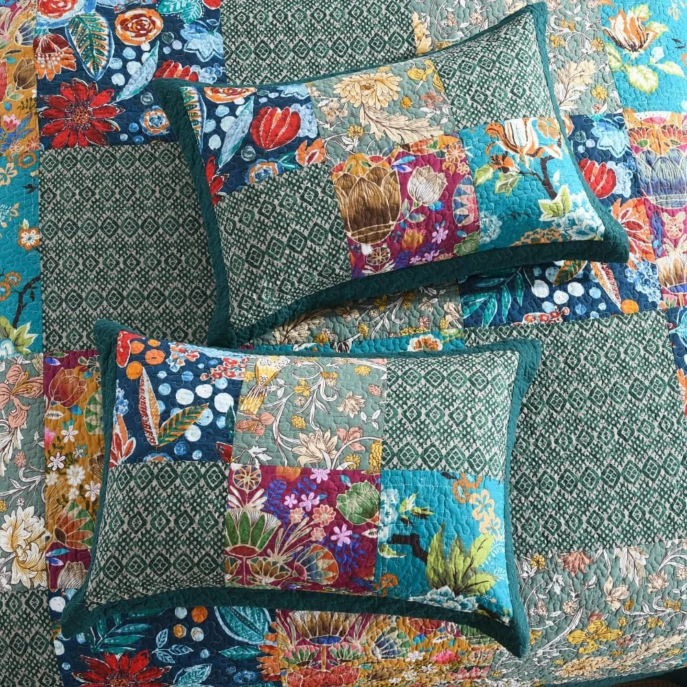 ست روتختی لحاف دار پنبه ای Autumn Dream، ست ملحفه برگشت پذیر، لحاف، روتختی فیروزه ای تکه دوزی گلدار قدیمی، سایز کینگ