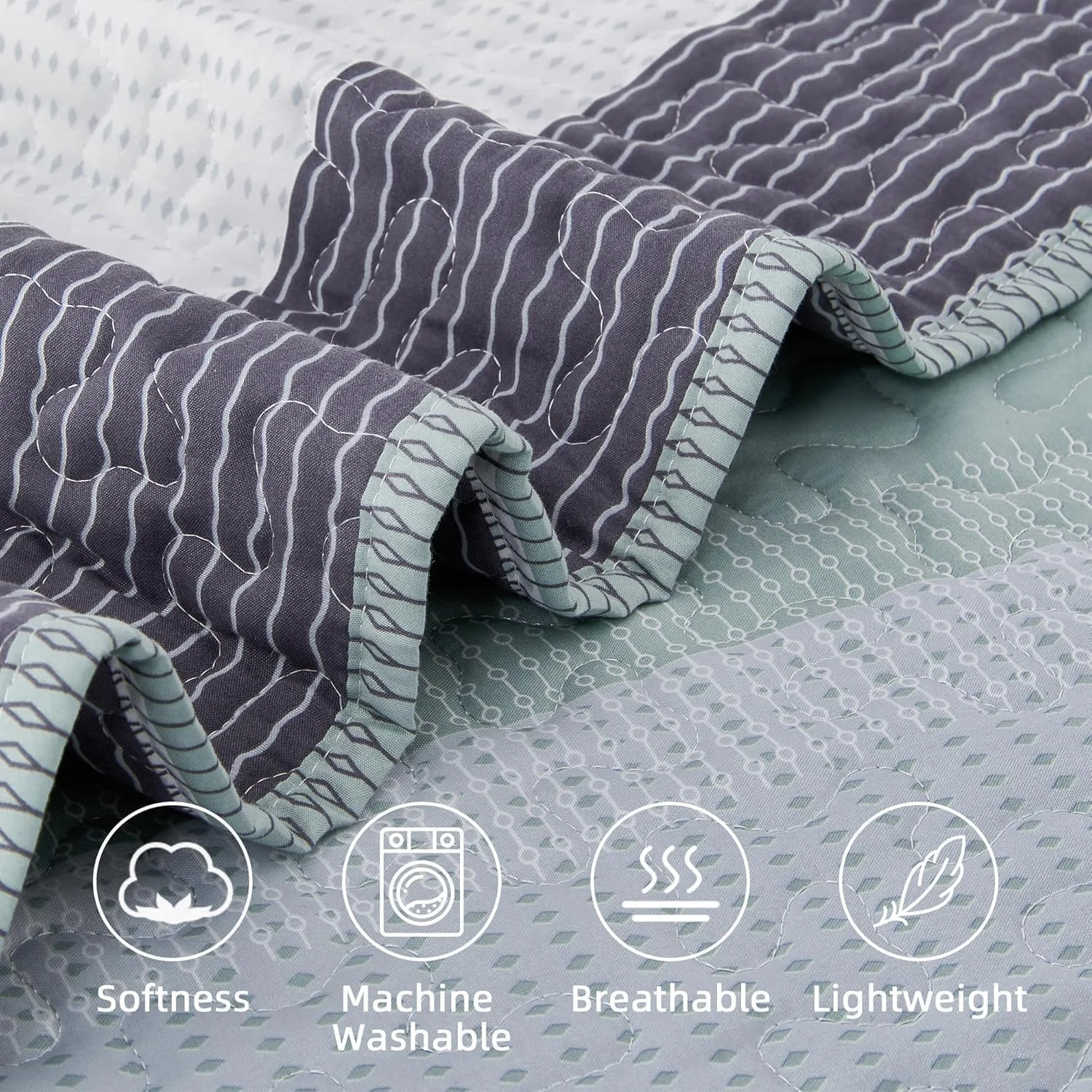 ست روتختی لحاف دار بزرگ Andency، سایز کوئین 249x249 سانتی متر، رو تختی راه راه سبز مریم گلی 3 تکه، ست روتختی لحافی تکه دوزی شده نعنایی نرم و سبک وزن مناسب تمام فصول (1 لحاف، 2 روبالشی)