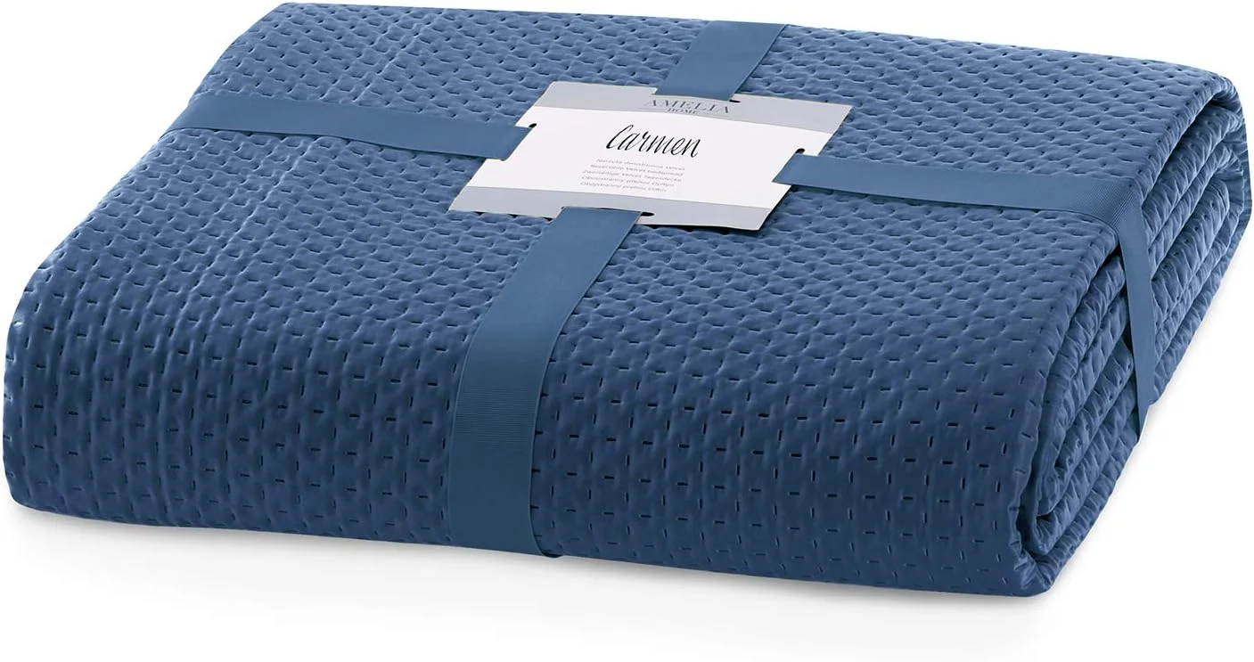 رو تختی دو نفره آملیاهوم 260 در 280 سانتی متر، آبی تیره، دو رو، طرح برجسته، ساتن مات کارمن