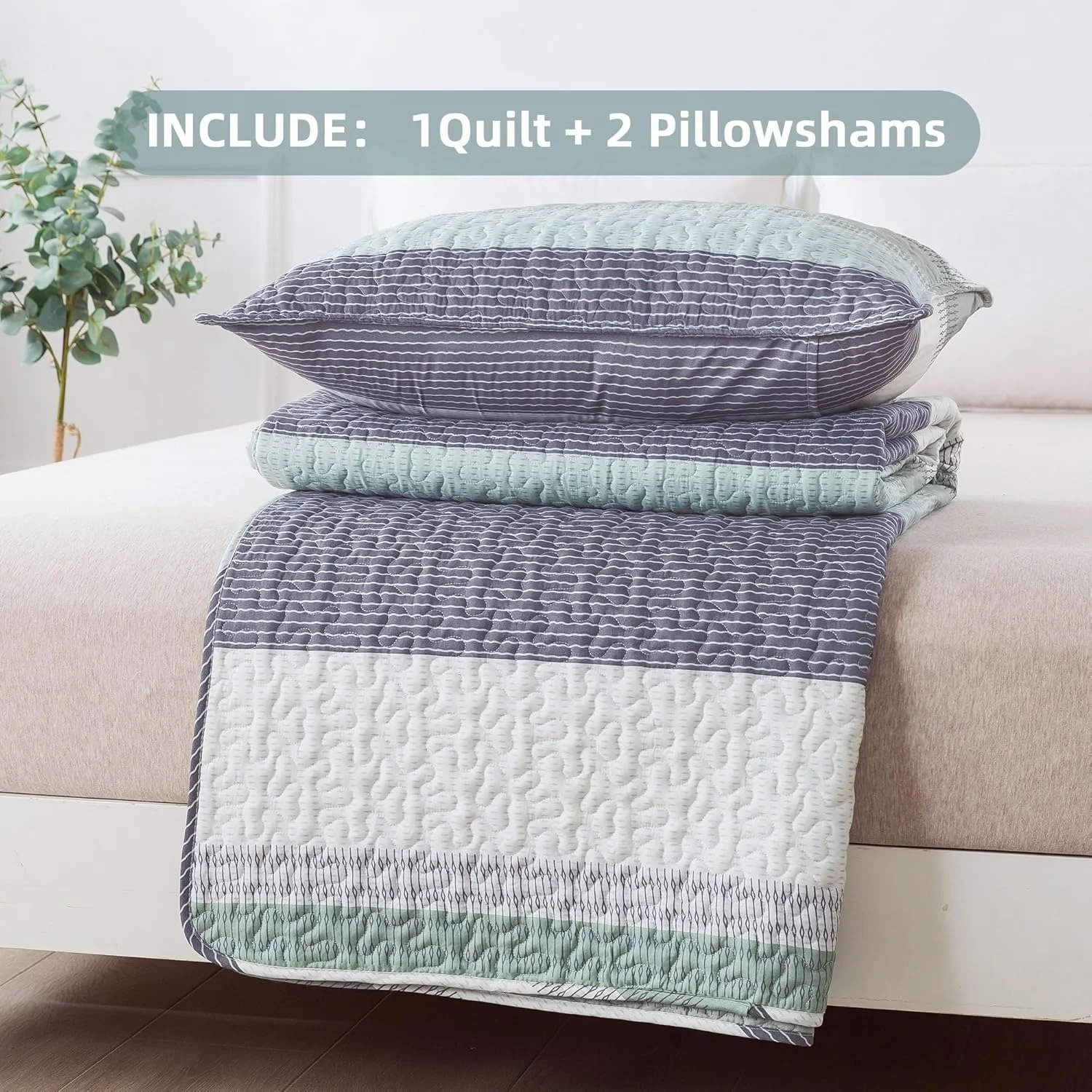 ست روتختی لحاف دار بزرگ Andency، سایز کوئین 249x249 سانتی متر، رو تختی راه راه سبز مریم گلی 3 تکه، ست روتختی لحافی تکه دوزی شده نعنایی نرم و سبک وزن مناسب تمام فصول (1 لحاف، 2 روبالشی)