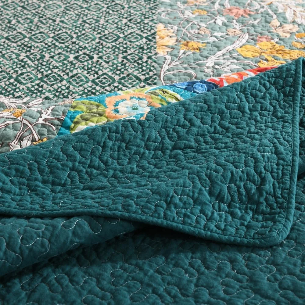 ست روتختی لحاف دار پنبه ای Autumn Dream، ست ملحفه برگشت پذیر، لحاف، روتختی فیروزه ای تکه دوزی گلدار قدیمی، سایز کینگ