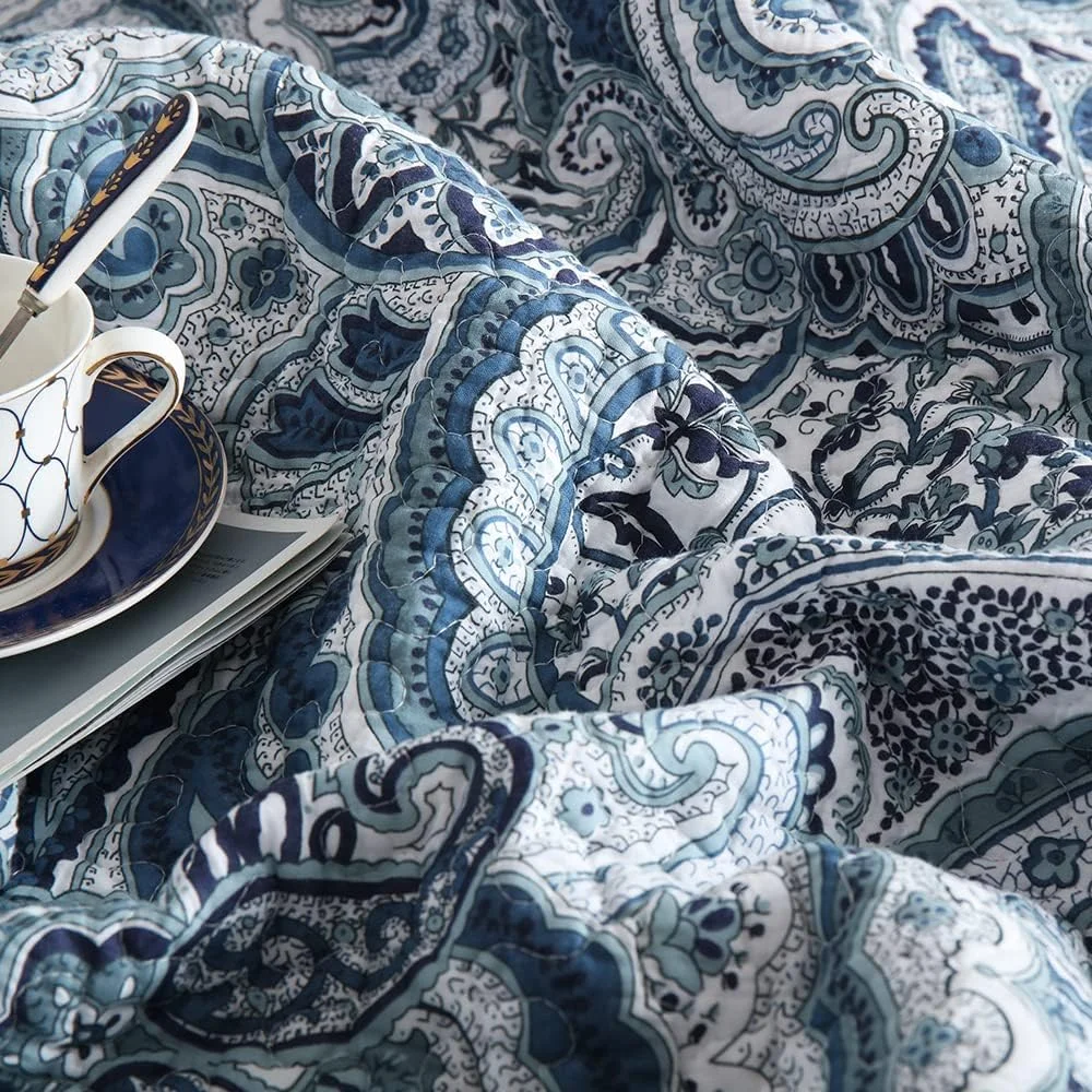 ست روتختی لحاف دار پنبه ای Autumn Dream، 3 تکه، ست رو تختی دو رو، طرح گلدار آبی، سایز کوئین