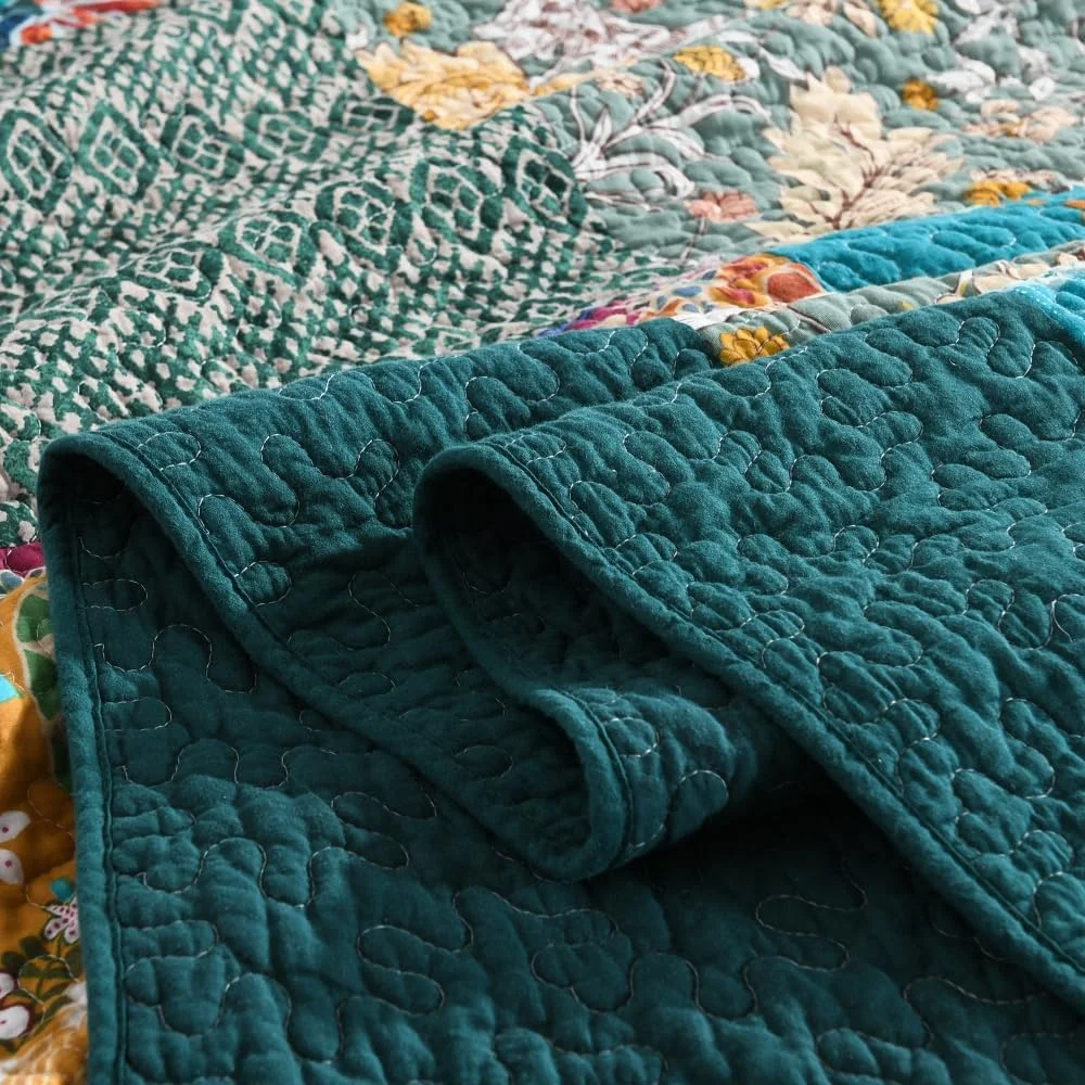 ست روتختی لحاف دار پنبه ای Autumn Dream، ست ملحفه برگشت پذیر، لحاف، روتختی فیروزه ای تکه دوزی گلدار قدیمی، سایز کینگ