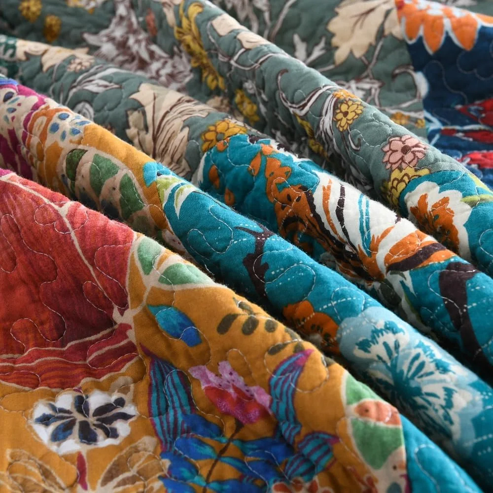 ست روتختی لحاف دار پنبه ای Autumn Dream، ست ملحفه برگشت پذیر، لحاف، روتختی فیروزه ای تکه دوزی گلدار قدیمی، سایز کینگ