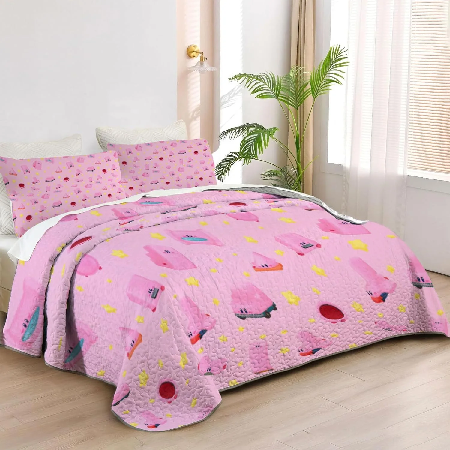 Allenjoy King Size Pink Puffball Quilt Bedspreads Dream Land Hero Bed Set Bedding Coverlet Fabric Washable with 2 Pillow Shams SC00431-007
