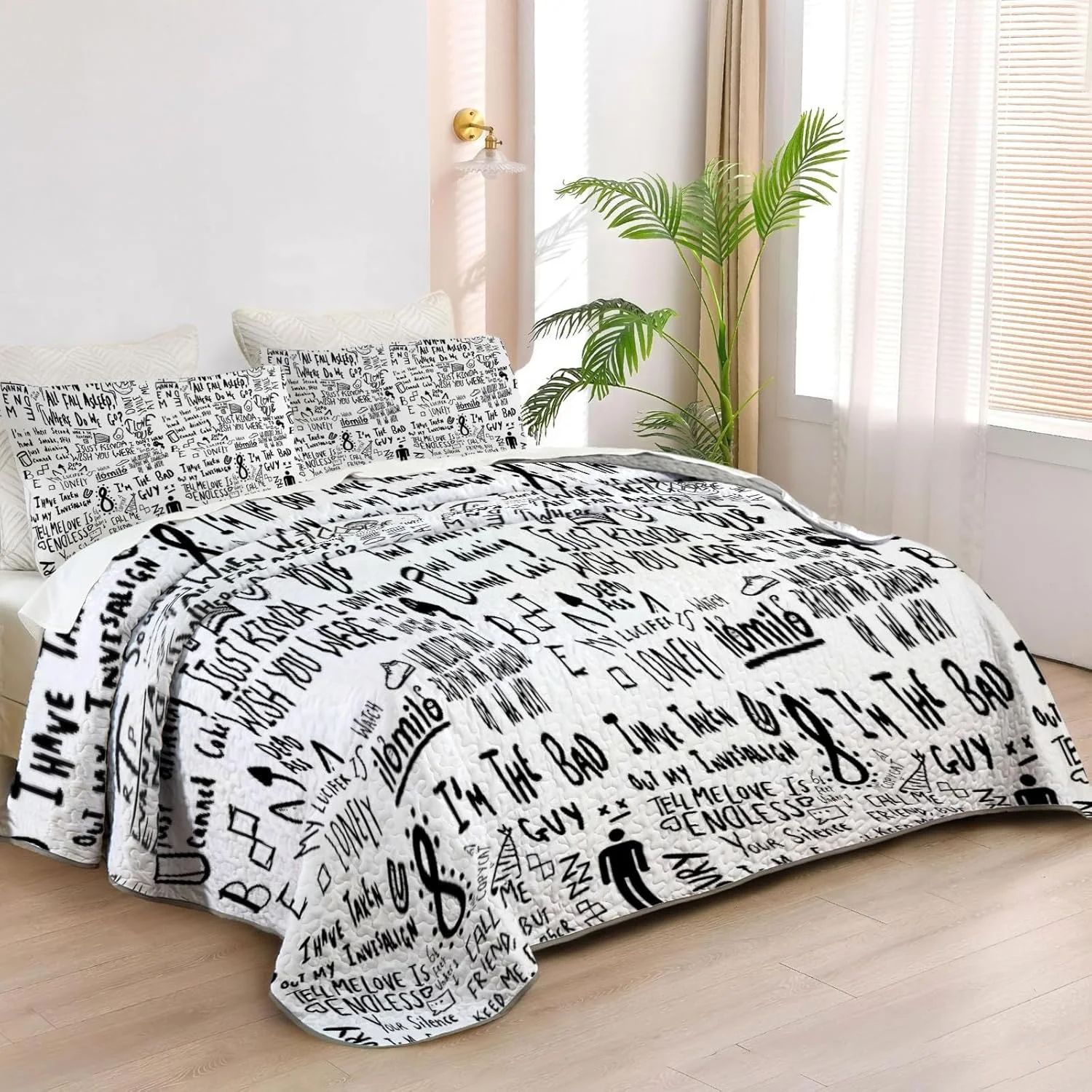 رو تختی دو نفره آلنجوی طرح پاپ موز تیره، ست روتختی طرح منظره صوتی موج دار، لحاف پارچه ای قابل شستشو با 1 روبالشی SC00118-007