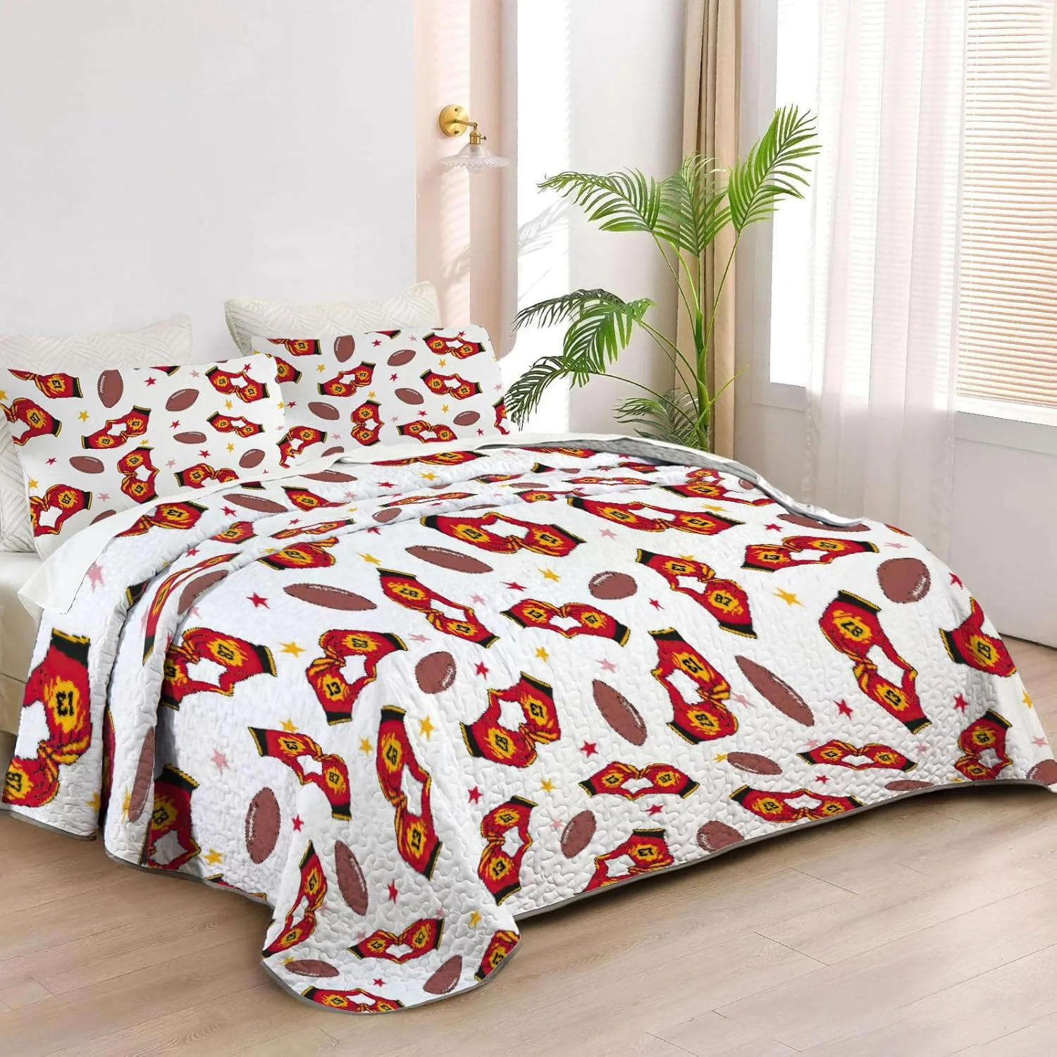 روتختی لحاف دار سایز کوئین Allenjoy طرح کانزاس سیتی، ست روتختی تیم فوتبال حرفه ای، پارچه قابل شستشو به همراه 2 روبالشتی مدل SC00079-007