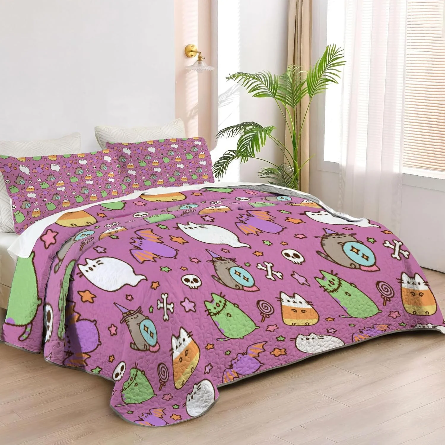 رو تختی لحاف دار سایز کوئین طرح گربه تپل Allenjoy، ست روتختی بامزه کمیک، روکش پارچه ای قابل شستشو به همراه 2 روبالشی SC00136-007