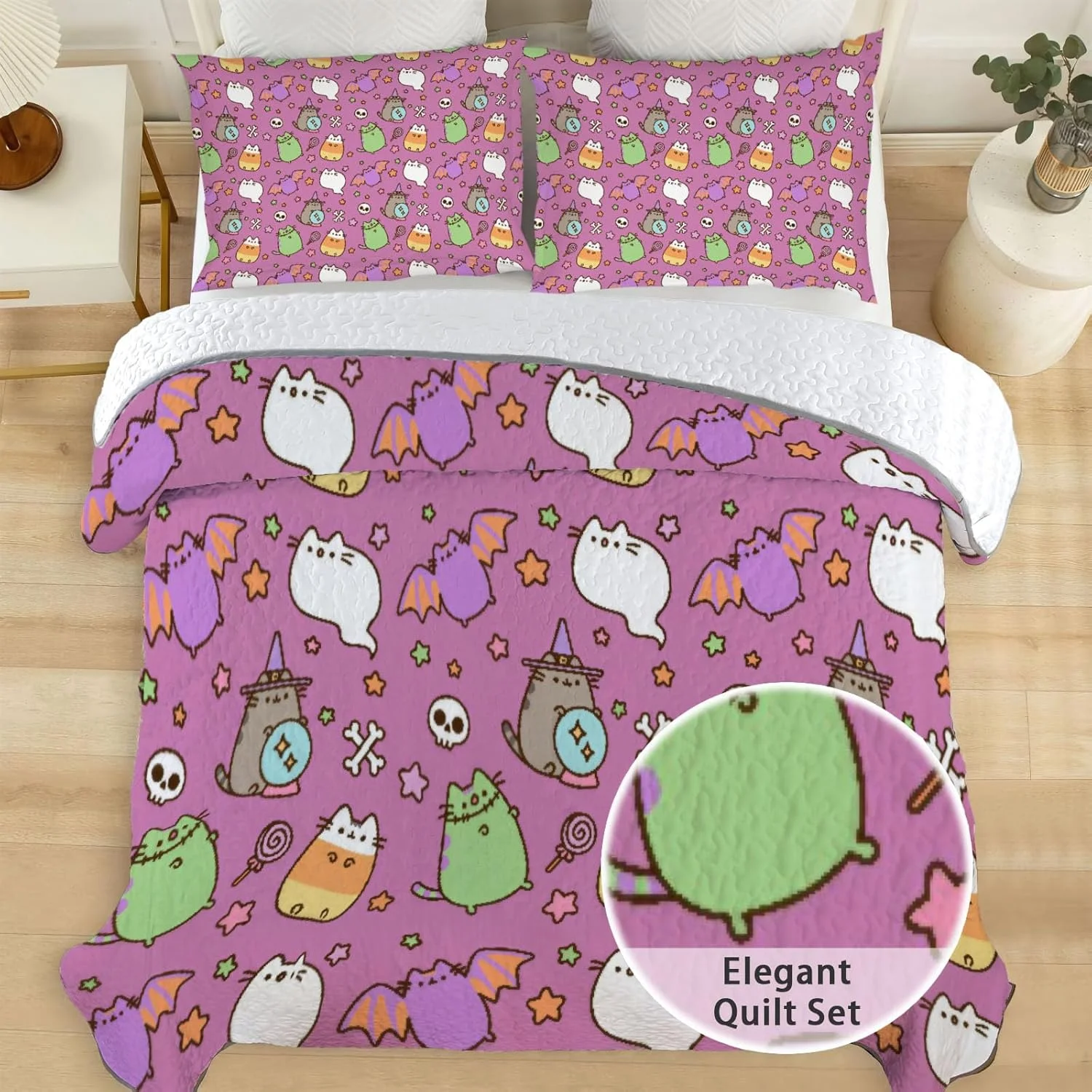 رو تختی لحاف دار سایز کوئین طرح گربه تپل Allenjoy، ست روتختی بامزه کمیک، روکش پارچه ای قابل شستشو به همراه 2 روبالشی SC00136-007